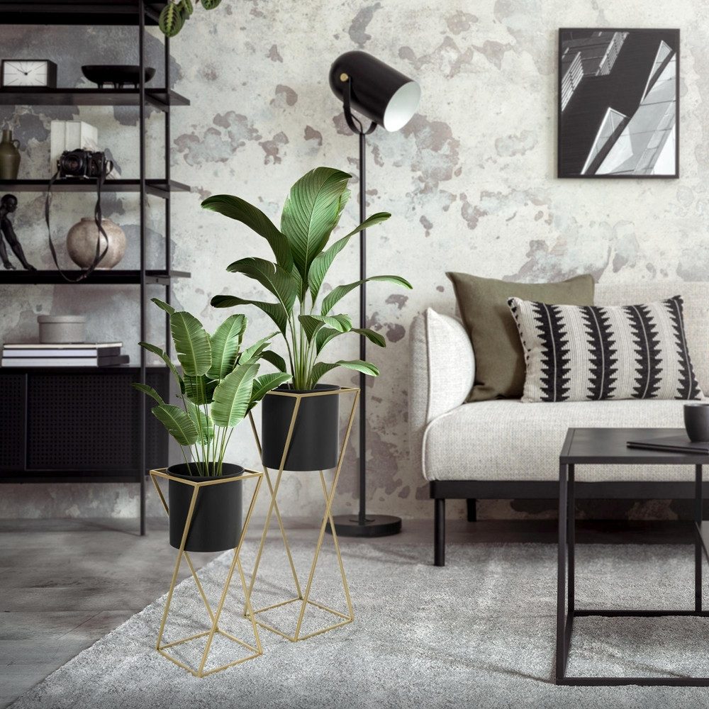 ML-DESIGN Blumenständer Pflanzenständer Set aus Metall Pflanztopf Deko Blumenhocker (2 St), Blumentopfständer Schwarz/Gold Wetterfeste und robuste Blumentopfhalte