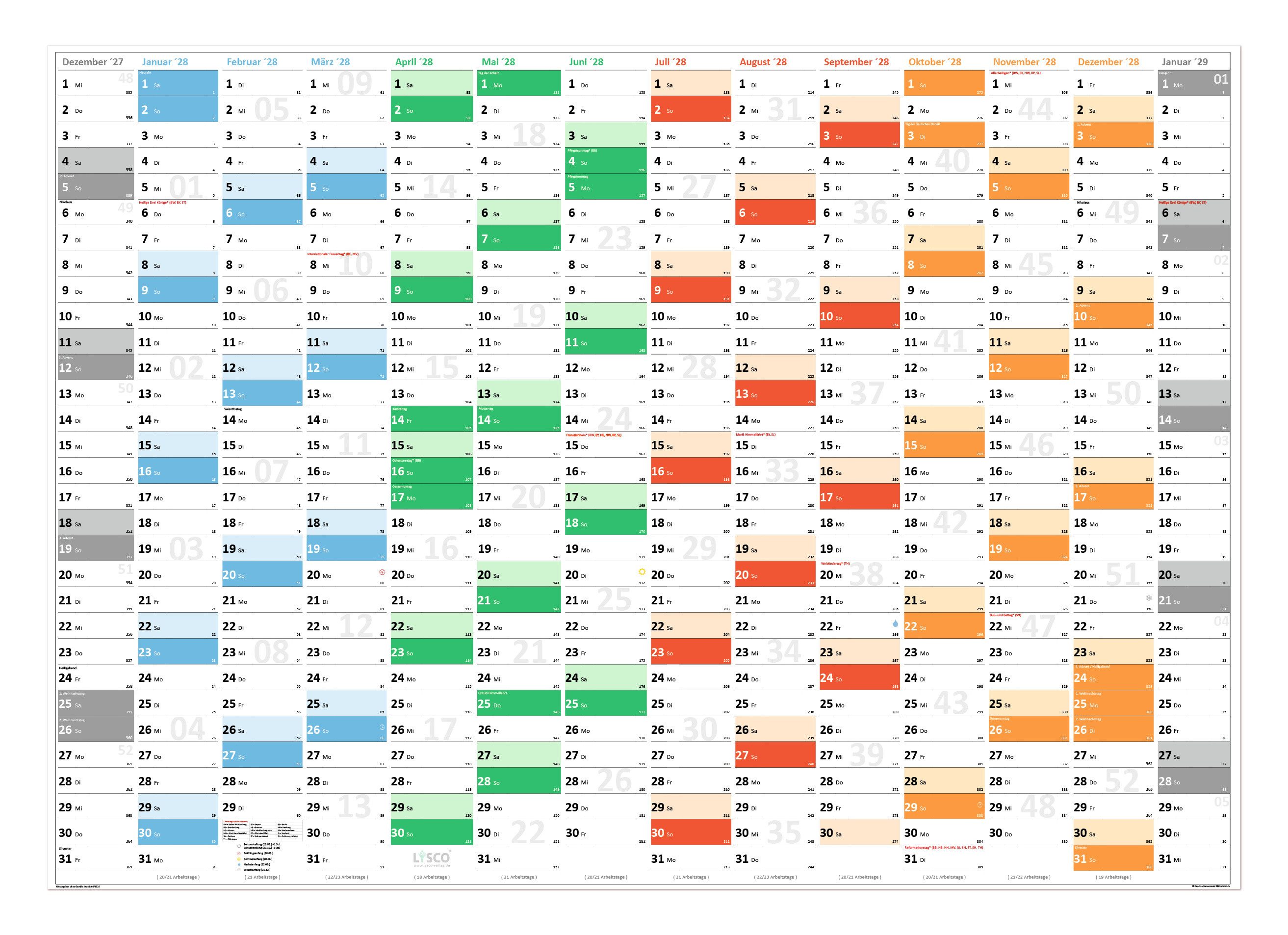 LYSCO Wandkalender Rainbow Premium Classic2 Wandplaner 2028 (gerollt), erhältlich in den Formaten DIN A2, DIN A1 und DIN A0, Rainbow Kalender Terminkalender Bürokalender Jahreskalender