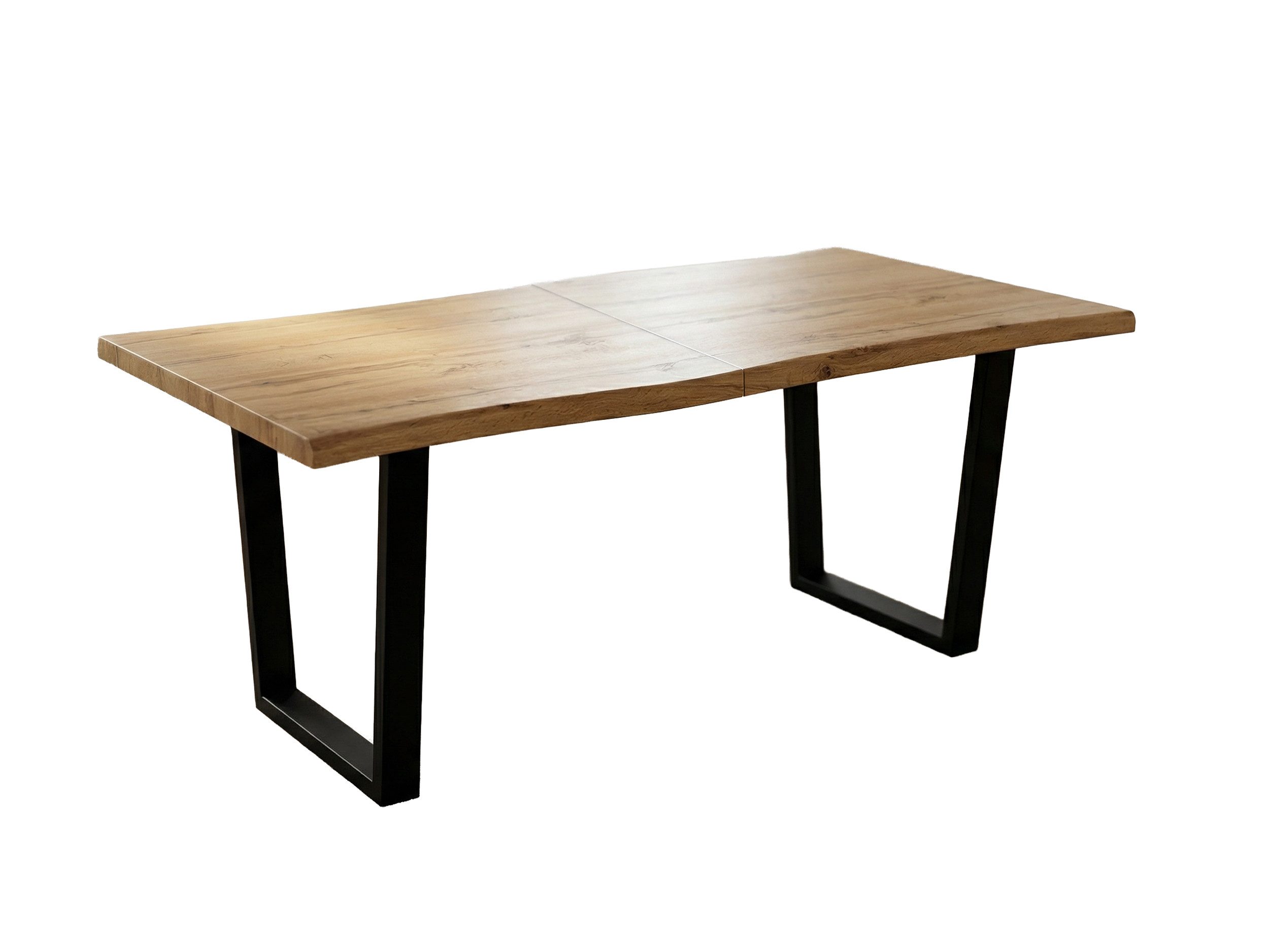 Die Möbelfundgrube® Baumkantentisch IRINA 180 - 220 cm ausziehbar / Baumkantenoptik / Wildeiche, 25 mm Tischplatte / U-Gestell schwarz Metall / Industrial