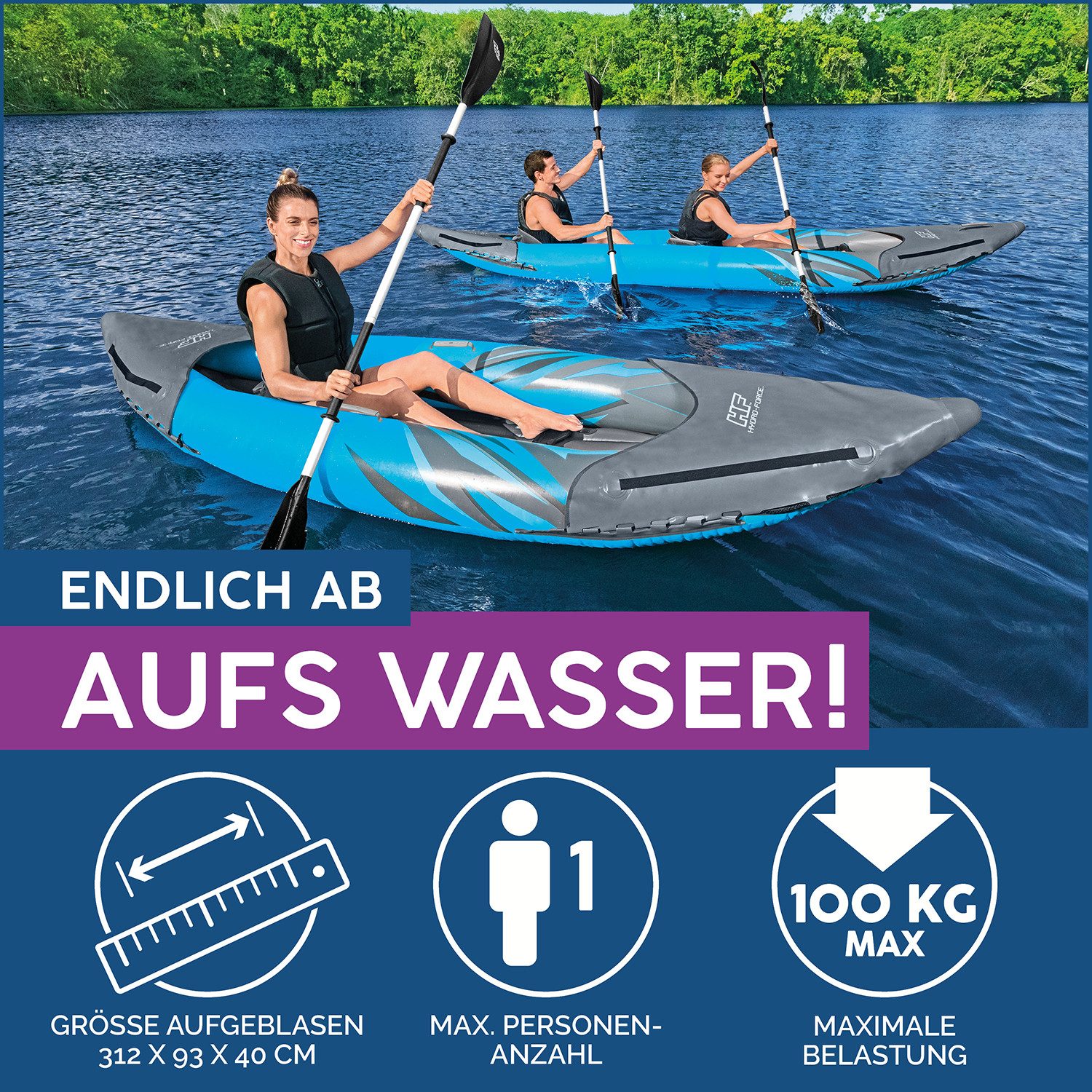 Bestway Einerkajak Hydro-Force™ Surge Elite™ X1, (Set, 1-St., Inkl. Paddel, Handpumpe, Ausrüstungstasche & Tragetasche), 312 x 93 x 40 cm