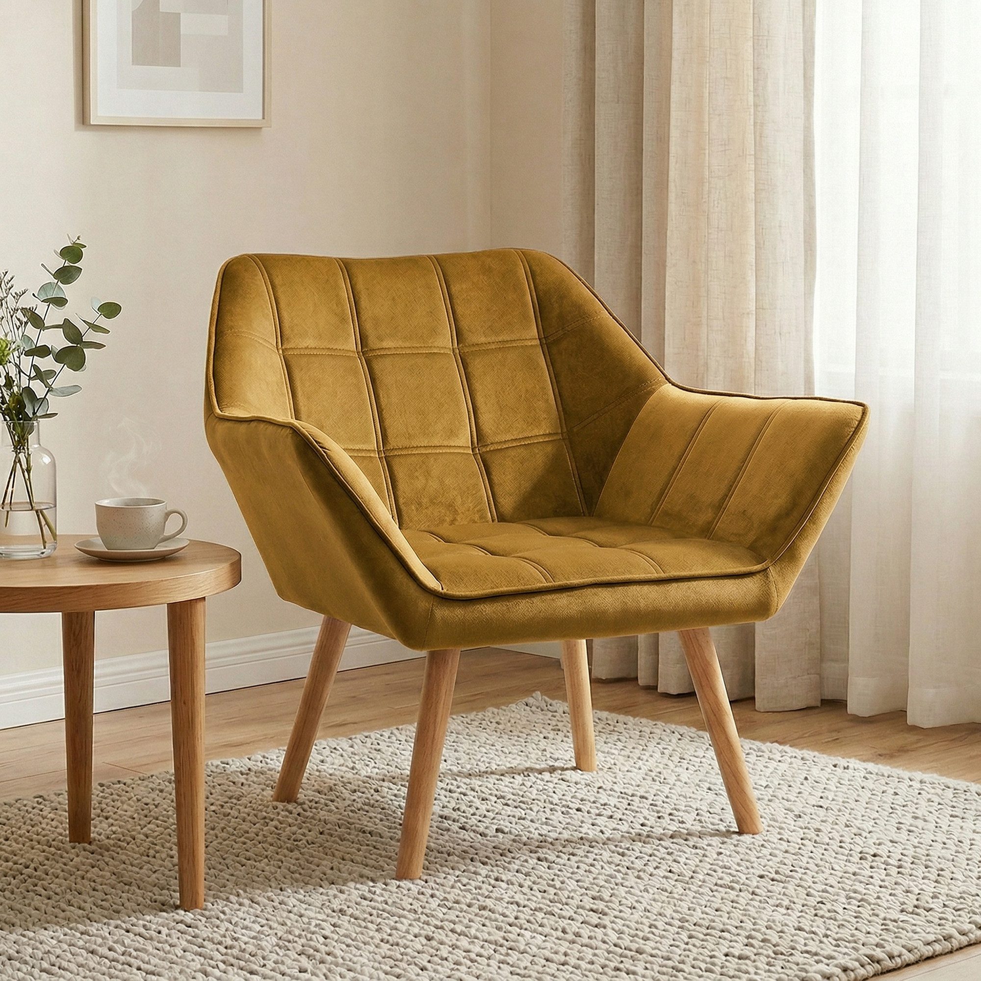 HOMCOM Relaxsessel Sessel mit Gummiholzbeine, Lesesessel Samtoptik, skandinavisch (Esszimmerstuhl, 1-St., Stuhl), für Wohnzimmer, Schlafzimmer, Gelb – Bild 2 von 5