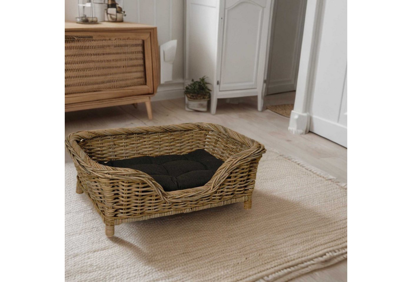 Thumbnail - Krines Home Hundekorb Großer Rattan Hundekorb geflochten Hundebett Hund hoch mit Kissen, Rattan Korb, Hundecouch