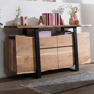 FINEBUY Sideboard FB51302 (Akazie Kommode Massivholz 175x90x44 cm mit Ablage), Highboard Türen & Schubladen, Anrichte Baumkante