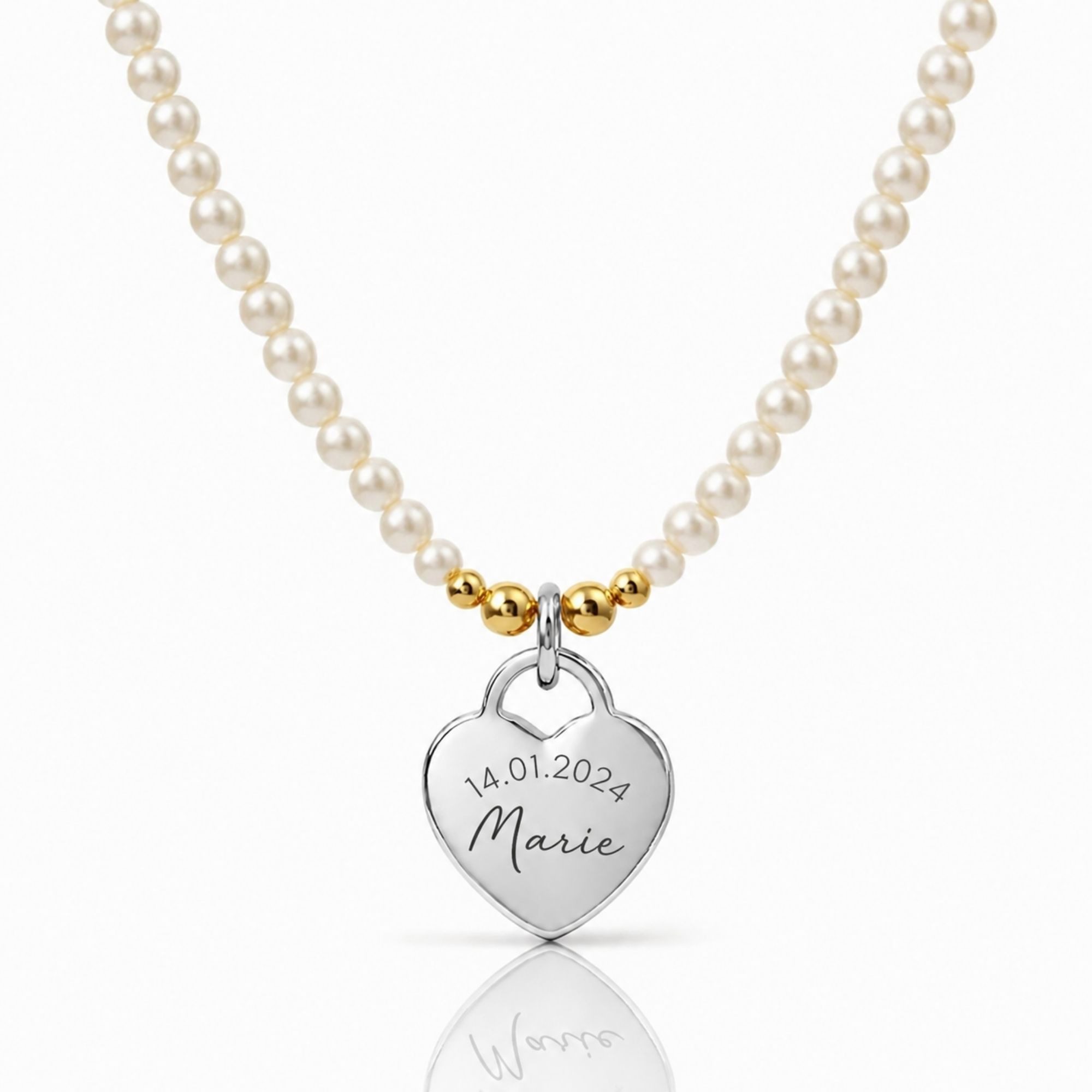 BS Schmuckdesign Kette mit Anhänger mit Gravur Personalisierte Halskette Damen Perlenkette mit Herzanhänger Gravur (inkl. Gravur), personalisiert inkl. Geschenkbox