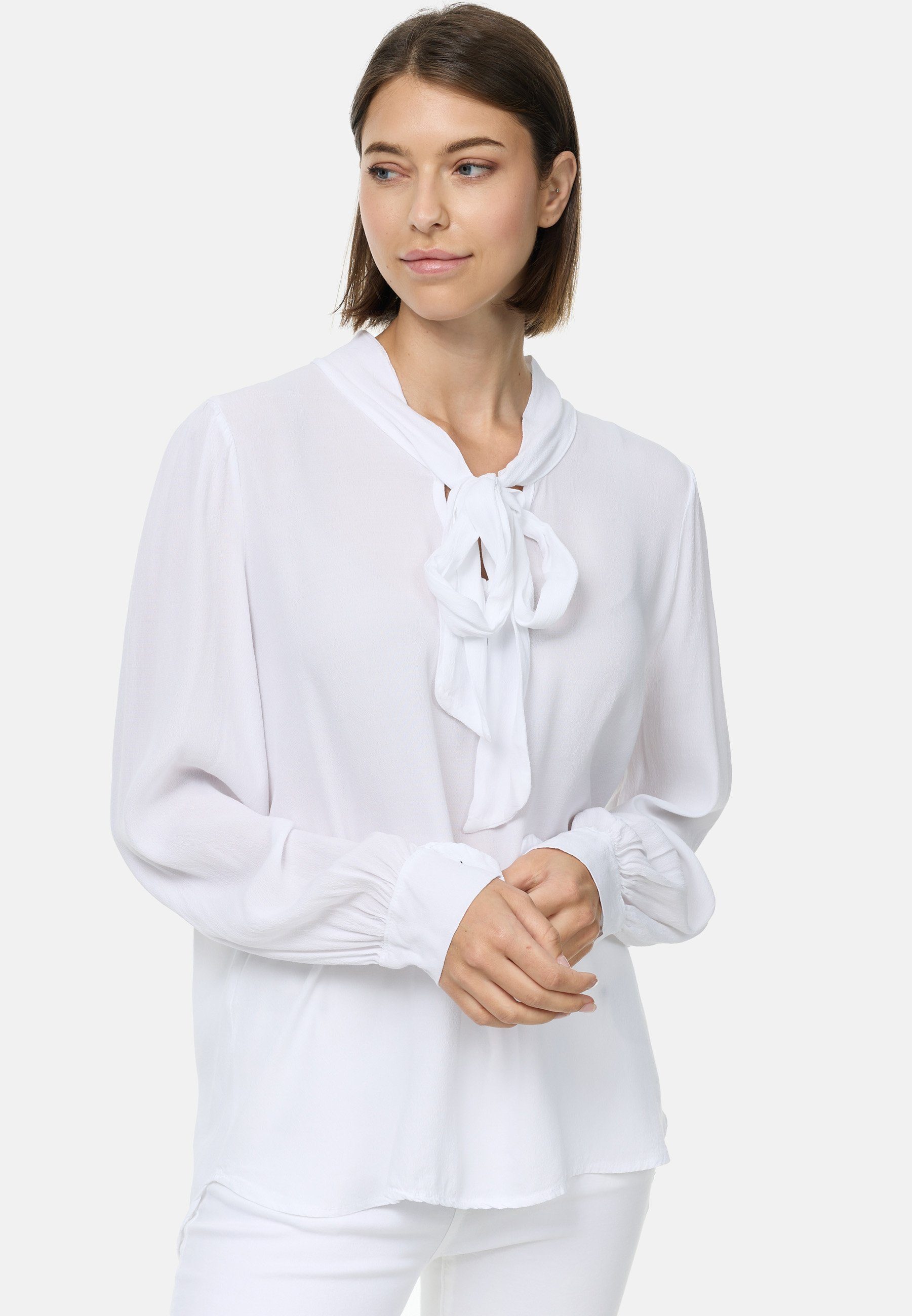 PM SELECTED Crepebluse PM62 (Stilvolle Business Crepe Bluse mit Schleife) Perlmuttknöpfe