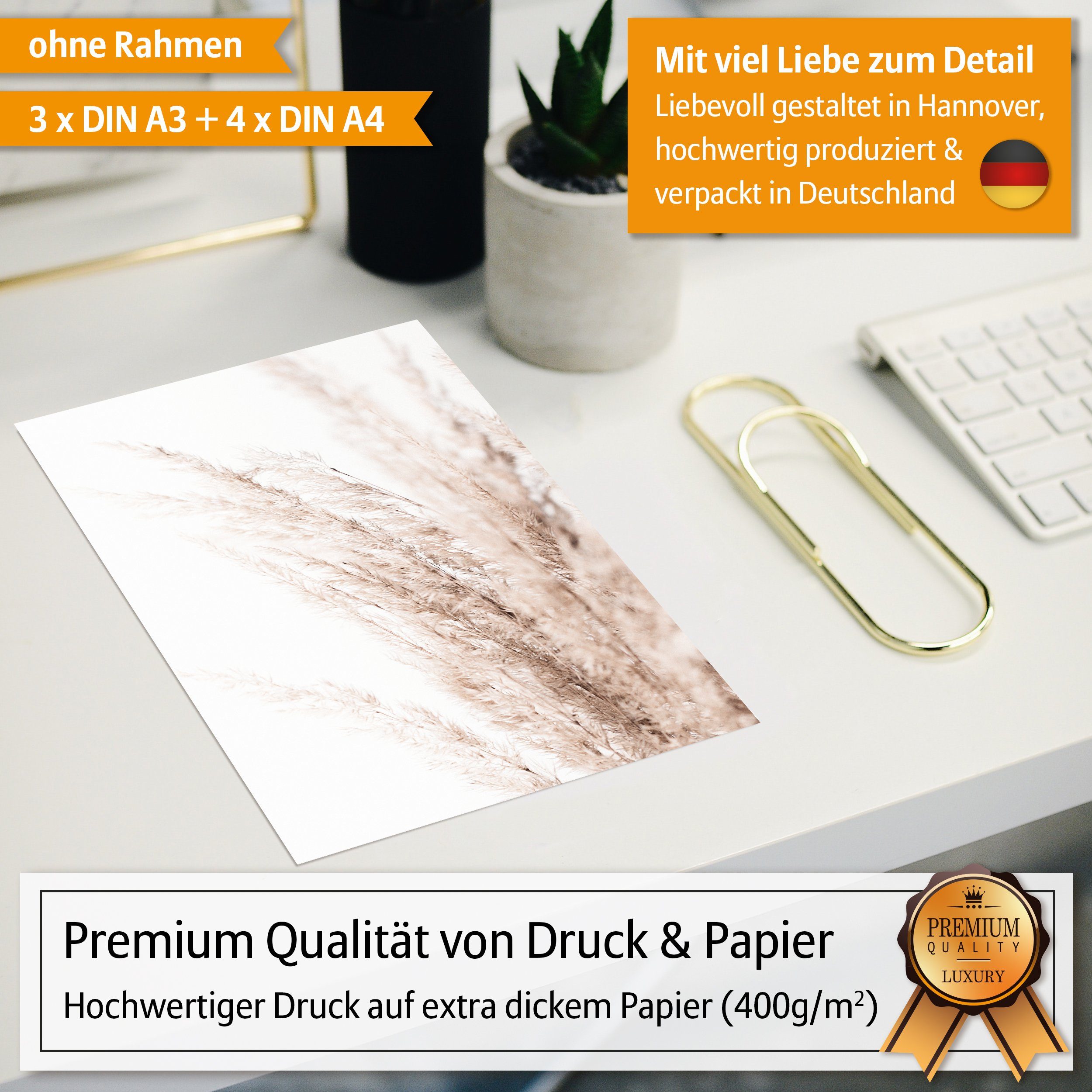 Hyggelig Home Poster Pampasgras - Premium Poster Set OHNE & MIT Rahmen - 7 Wandbilder Boho, Blumen (Set, 7 St), Collage happy life, Qualitätsdruck dickes Papier