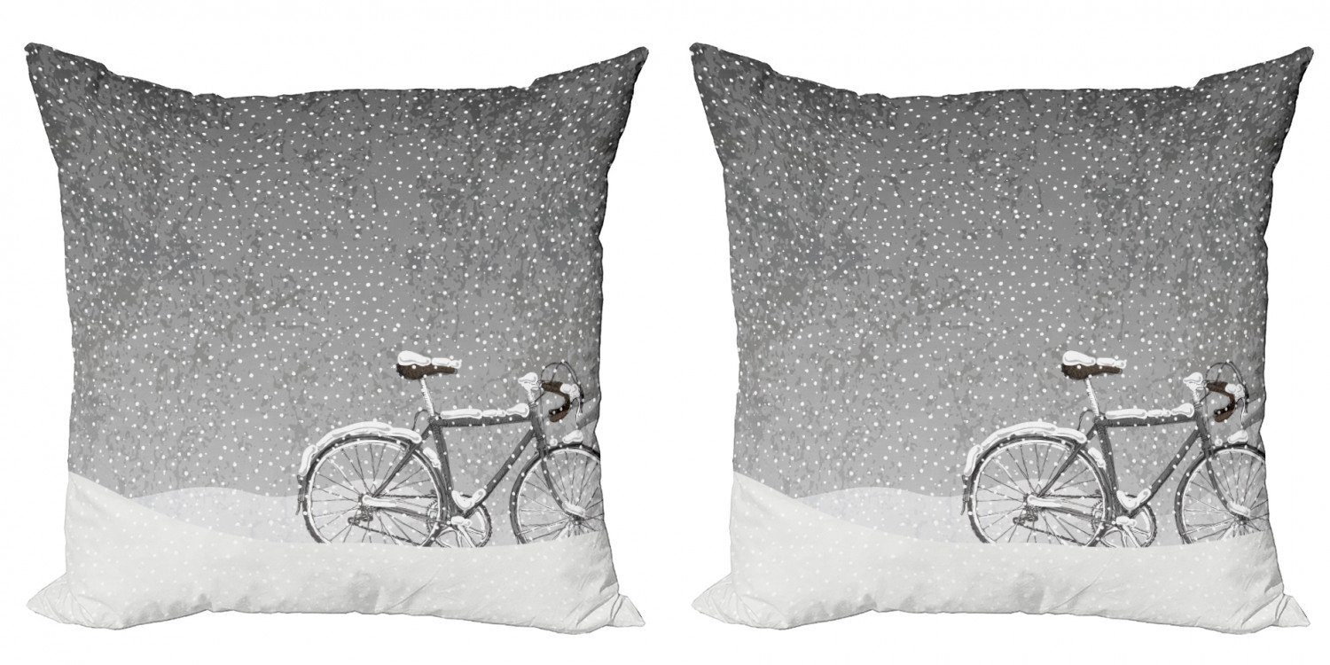 Kissenbezüge Modern Accent Digitaldruck, Winter Doppelseitiger (2 Stück), Fahrrad Schnee Ruhe Abakuhaus Szene