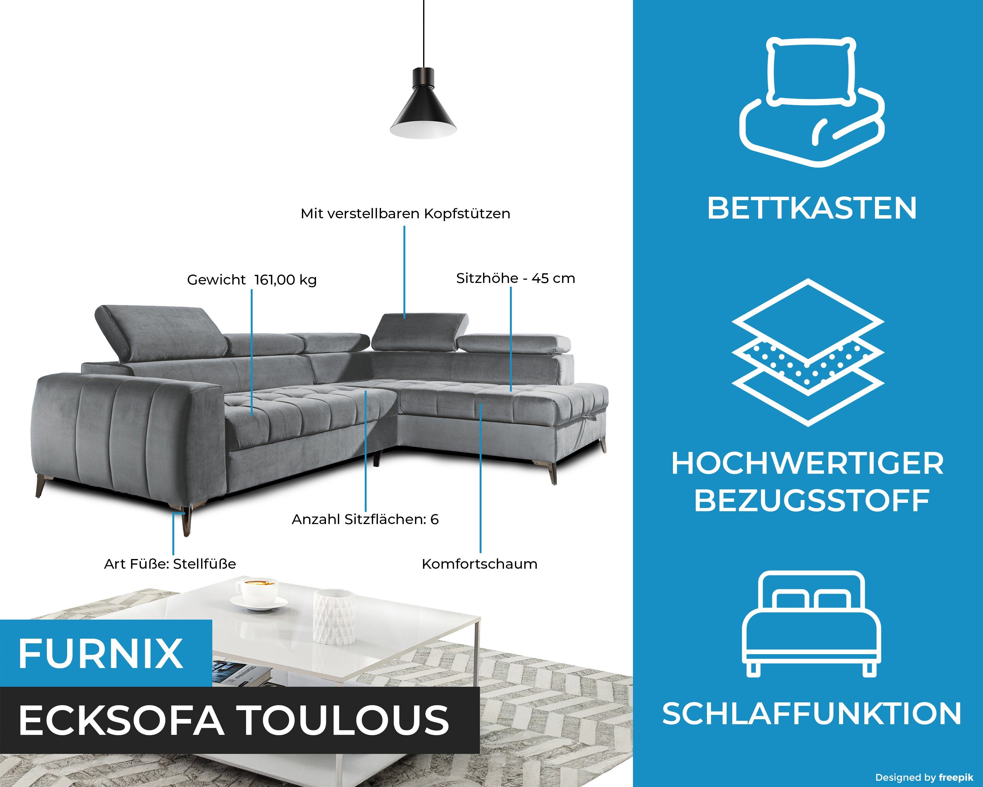Furnix x Schlaffunktion Verarbeitung Sofa B275 Automat Auswahl, B200 x hochwertige cm Maße: Ecksofa mit Grau TOULOUS H95 DL