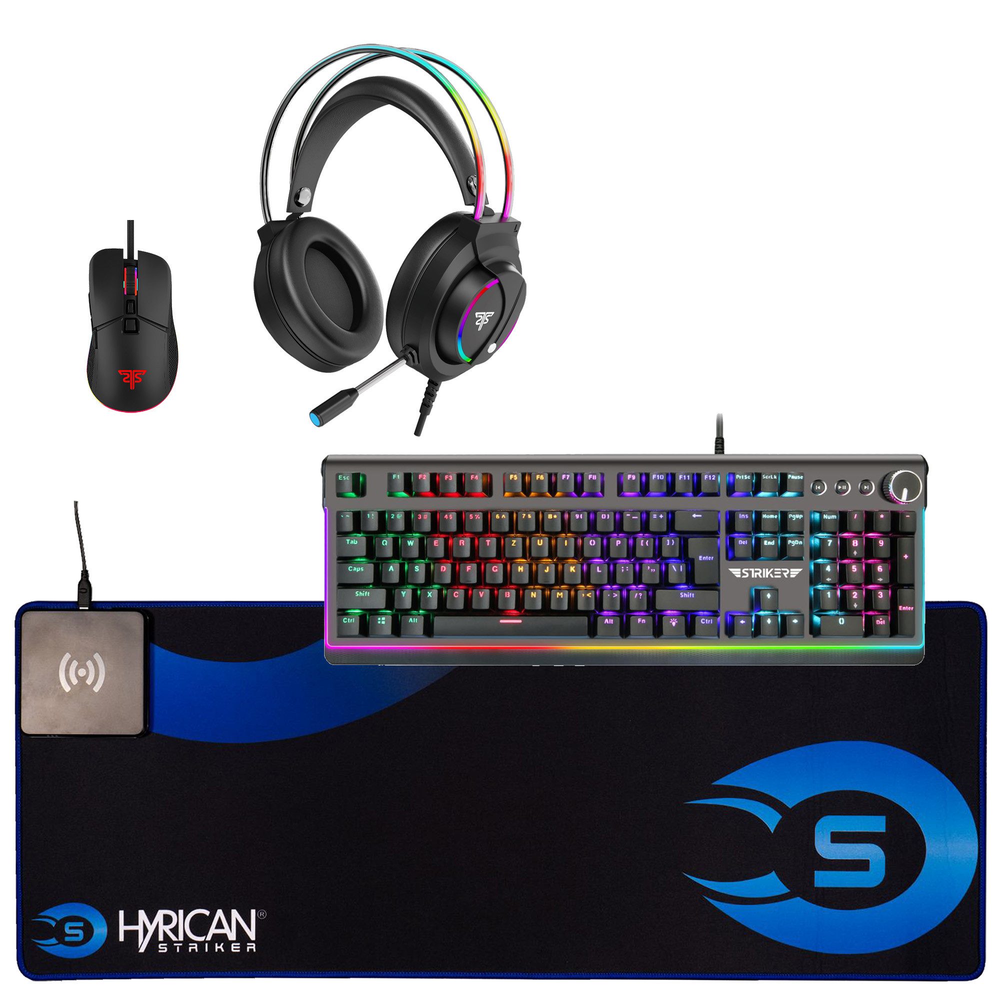 Hyrican Striker XXL-Mauspad mit Qi-Ladefunktion, Gaming-Maus, Tastatur- und Headset-Set, (Set, inklusive ST-GM005 und Mauspad ST-MP15), mit RGB-Beleuchtung, kabelgebunden