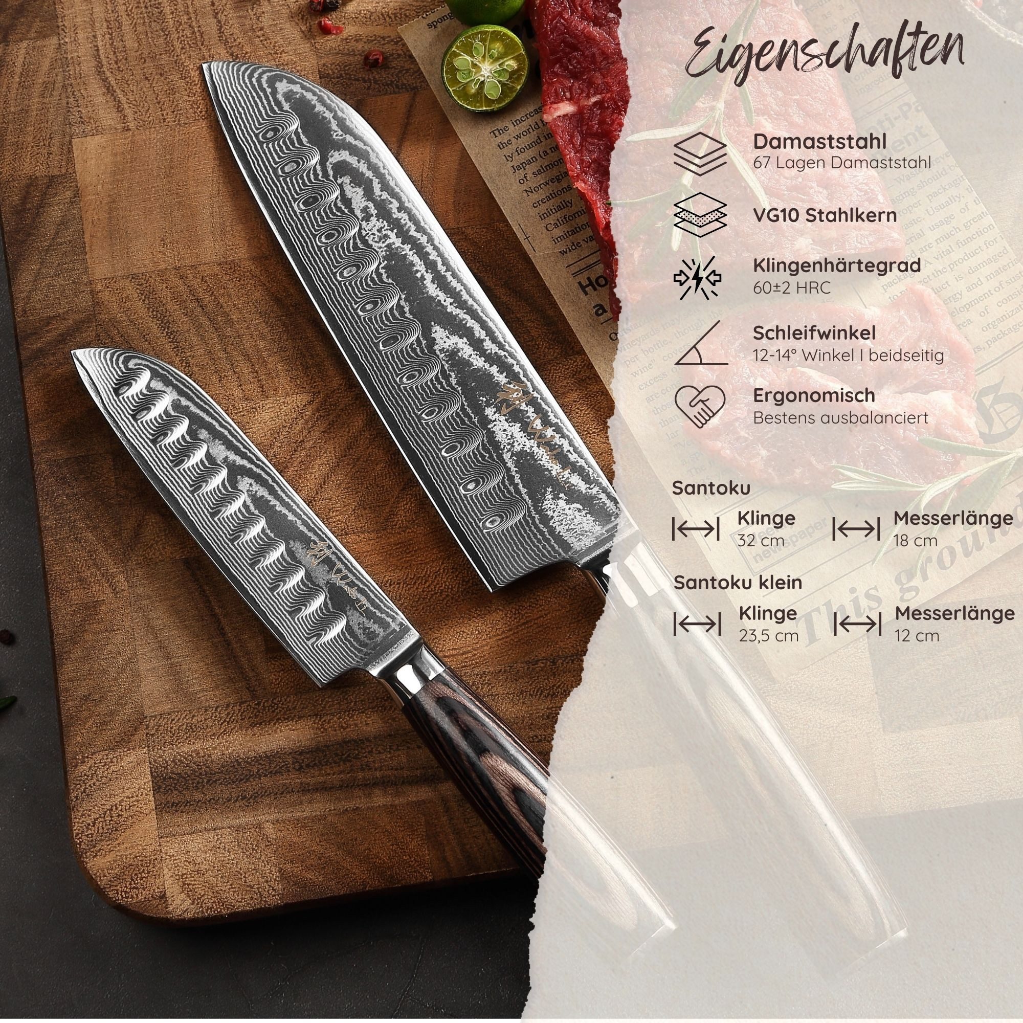 Wakoli Messer-Set 2er Damast Santokumesser-Set Küchenmesser Kochmesser mit Fingerschutz (Damastmesser mit Geschenkbox, 2-tlg., 2er Santokumesser-Set), VG10 Kern – Bild 2 von 5