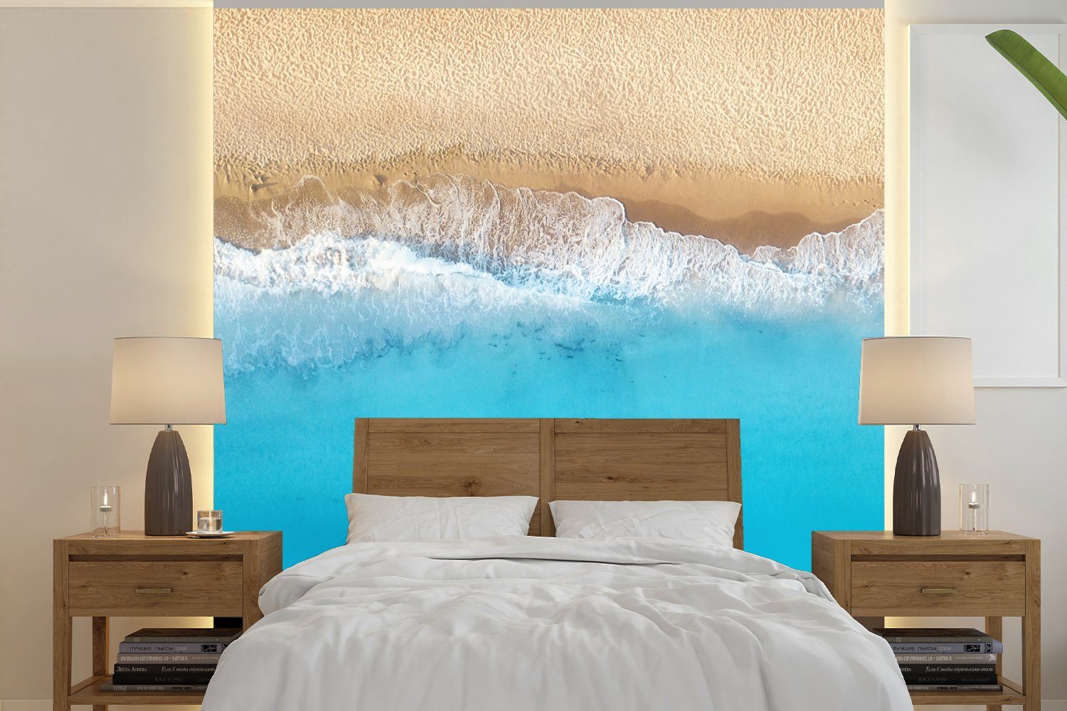 MuchoWow Fototapete Strand - Wasser - Blau, Matt, bedruckt, (5 St), Vinyl Tapete für Wohnzimmer oder Schlafzimmer, Wandtapete