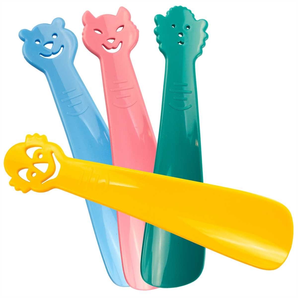 Lantelme Schuhlöffel 4 Stück Set Kinderschuhlöffel mit Motiv Kinder Schuhanzieher Bunt (4 Stück Schuhlöffel im Set), vier verschiedene Farben, Deutsche Herstellung