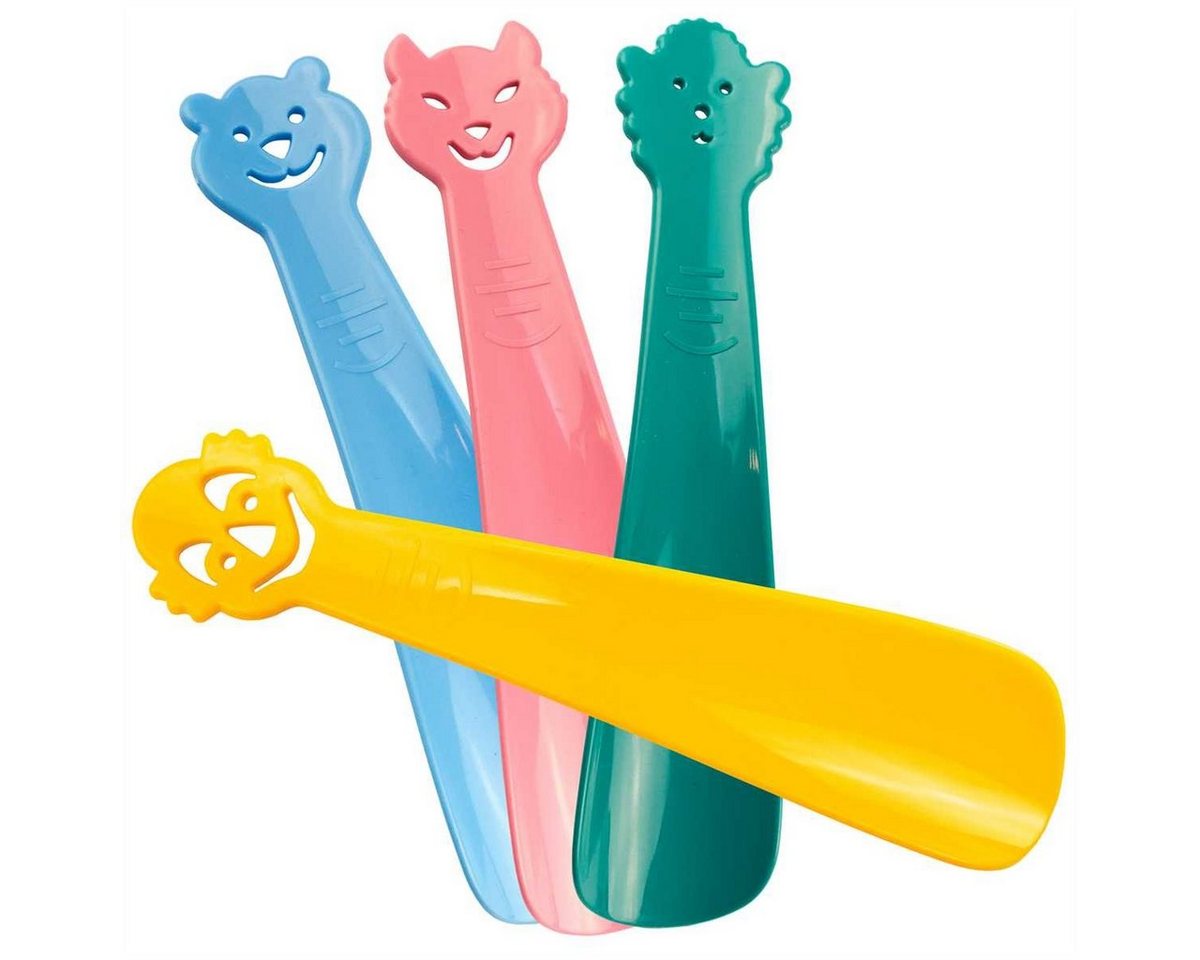 Lantelme Schuhlöffel 4 Stück Set Kinderschuhlöffel mit Motiv Kinder Schuhanzieher Bunt (4 Stück Schuhlöffel im Set aus Kunststoff), Farben Blau, Gelb, Grün und Rosa, Deutsche Herstellung