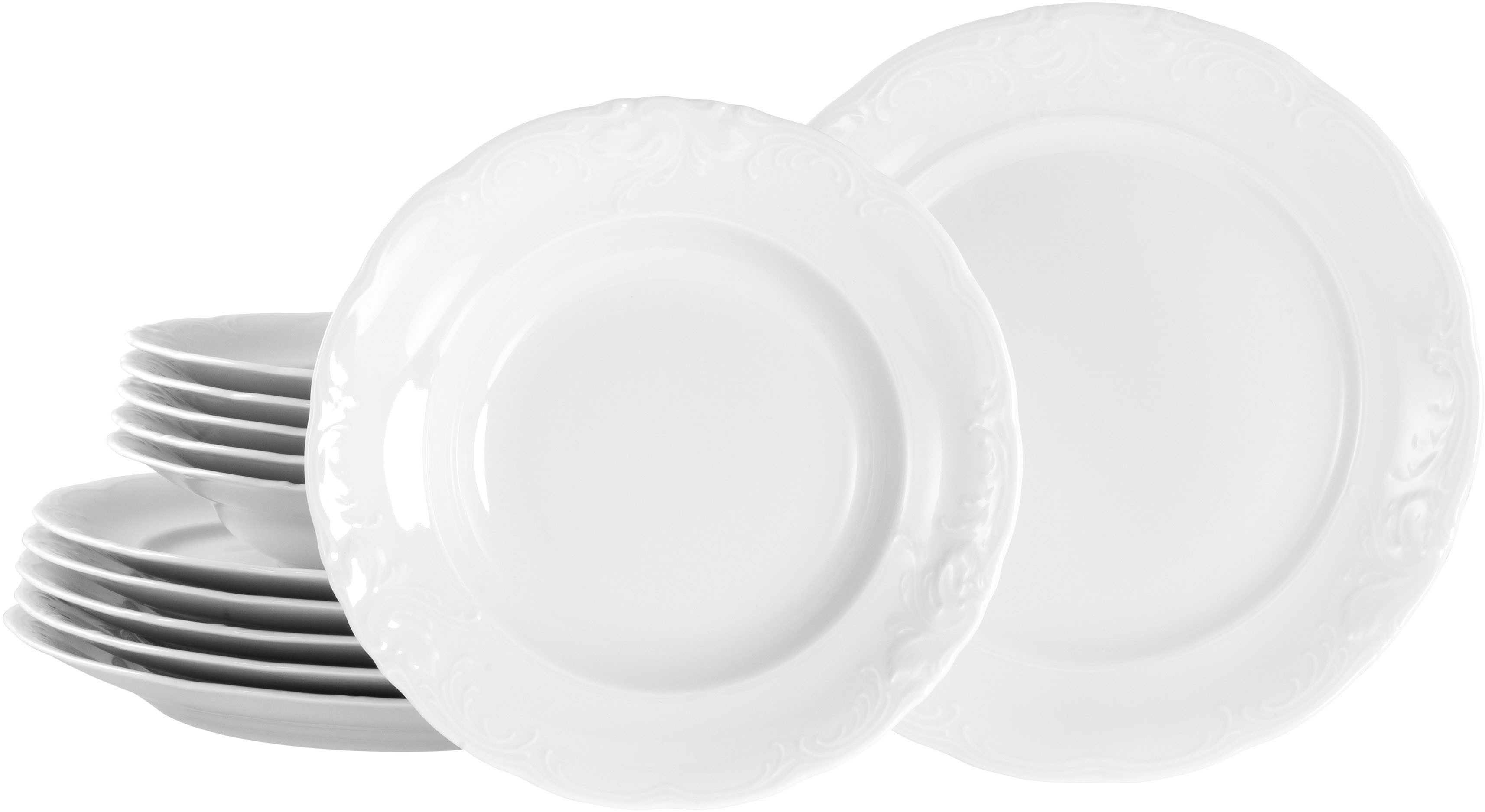 CreaTable Tafelservice Frederike Weiss, Service 12-tlg. (12-tlg), 6 Personen, Porzellan, Teller Set, Klassisch, Zeitlos