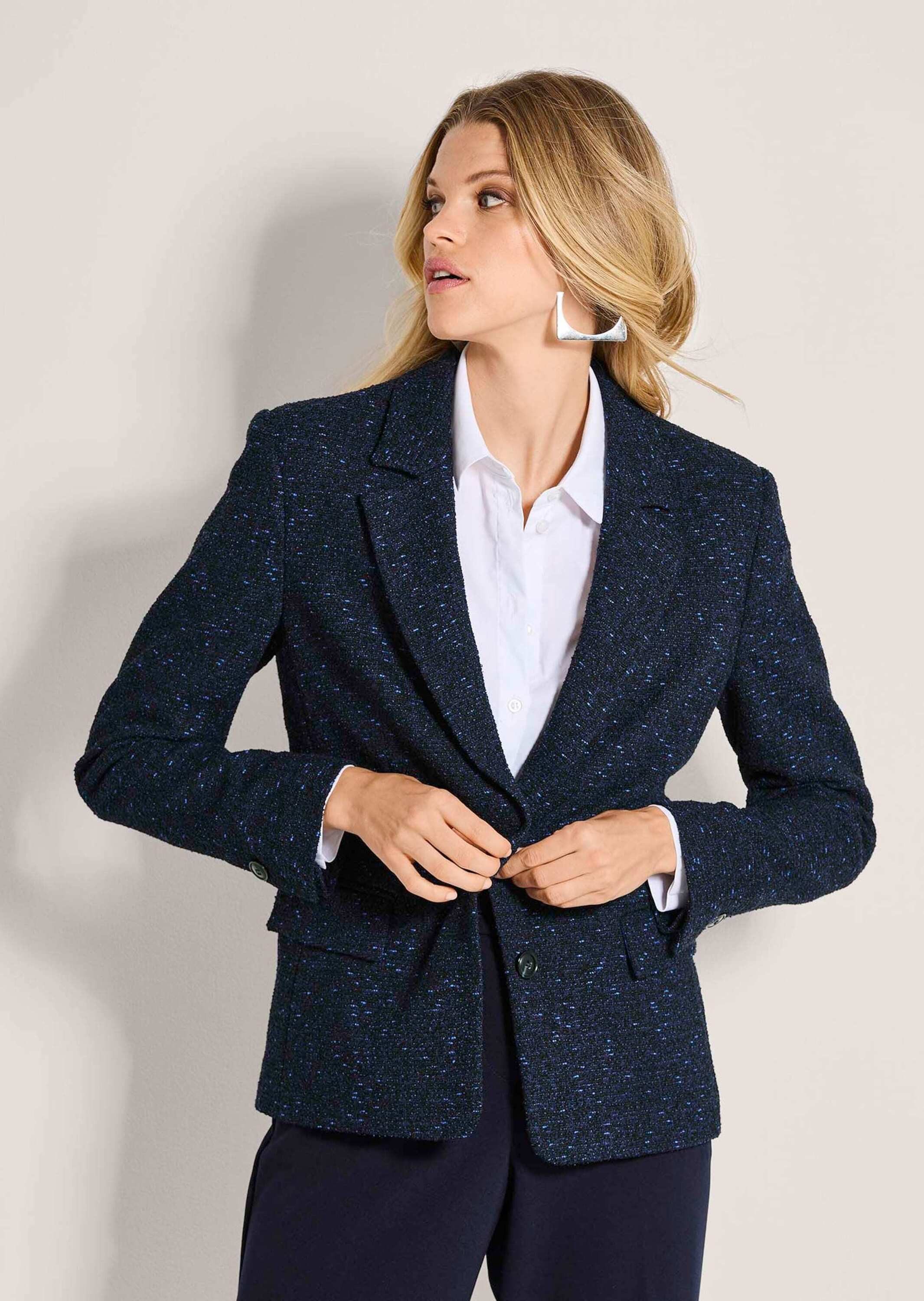 MADELEINE Kurzblazer Tweed-Blazer mit Glanzeffekt Viskoseblazer mit Reverskragen, Taschen, Knopfverschluss und Langarm