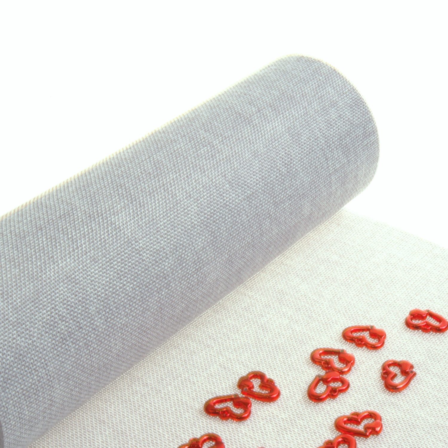 Deko AS Tischläufer Tischläufer "Shabby Chic" Grau + rote Herzen - 300mm -15m (1 Rolle Tischläufer + 12 Dekoherzen zum Streuen oder Auffädeln), Leinenoptik