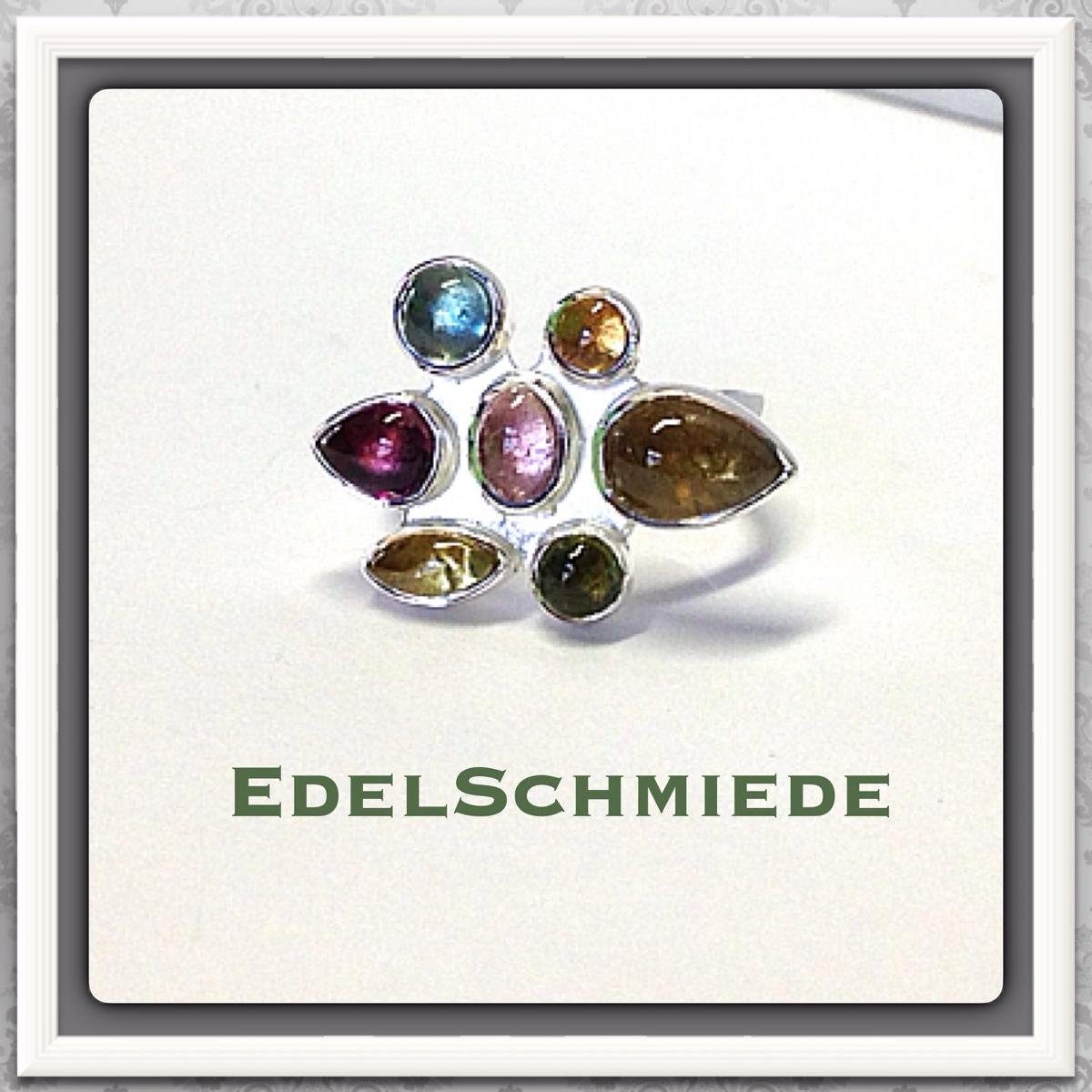 Edelschmiede925 Silberring mehrfarbiger Turmalinring 925 Silber Cabochon Ringgröße 53