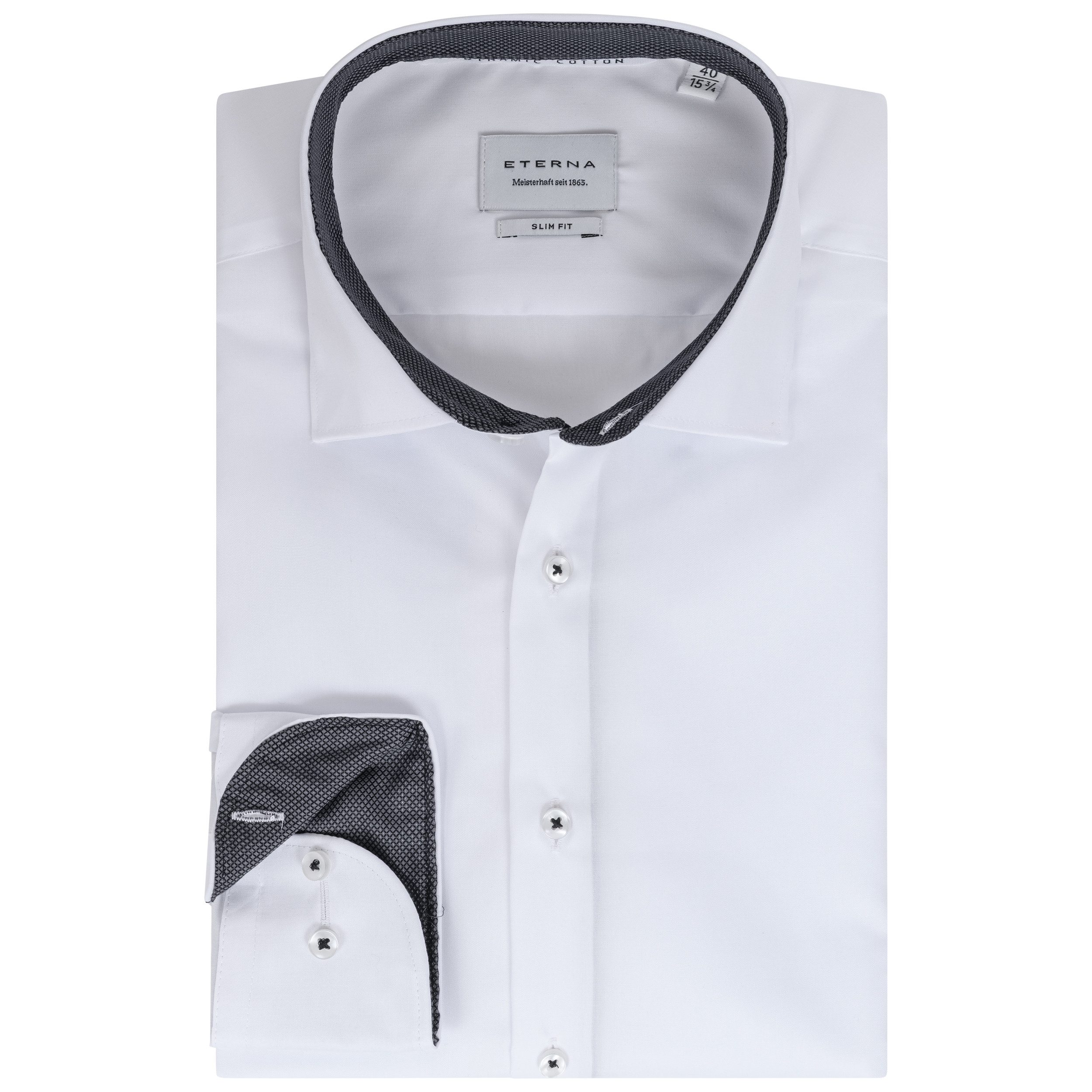 Eterna Businesshemd SLIM FIT, Weiß, Bügelfrei, Dynamic Cotton™, 100% Baumwolle Langarm 67cm, OHNE Brusttasche, Kentkragen mit Besatz