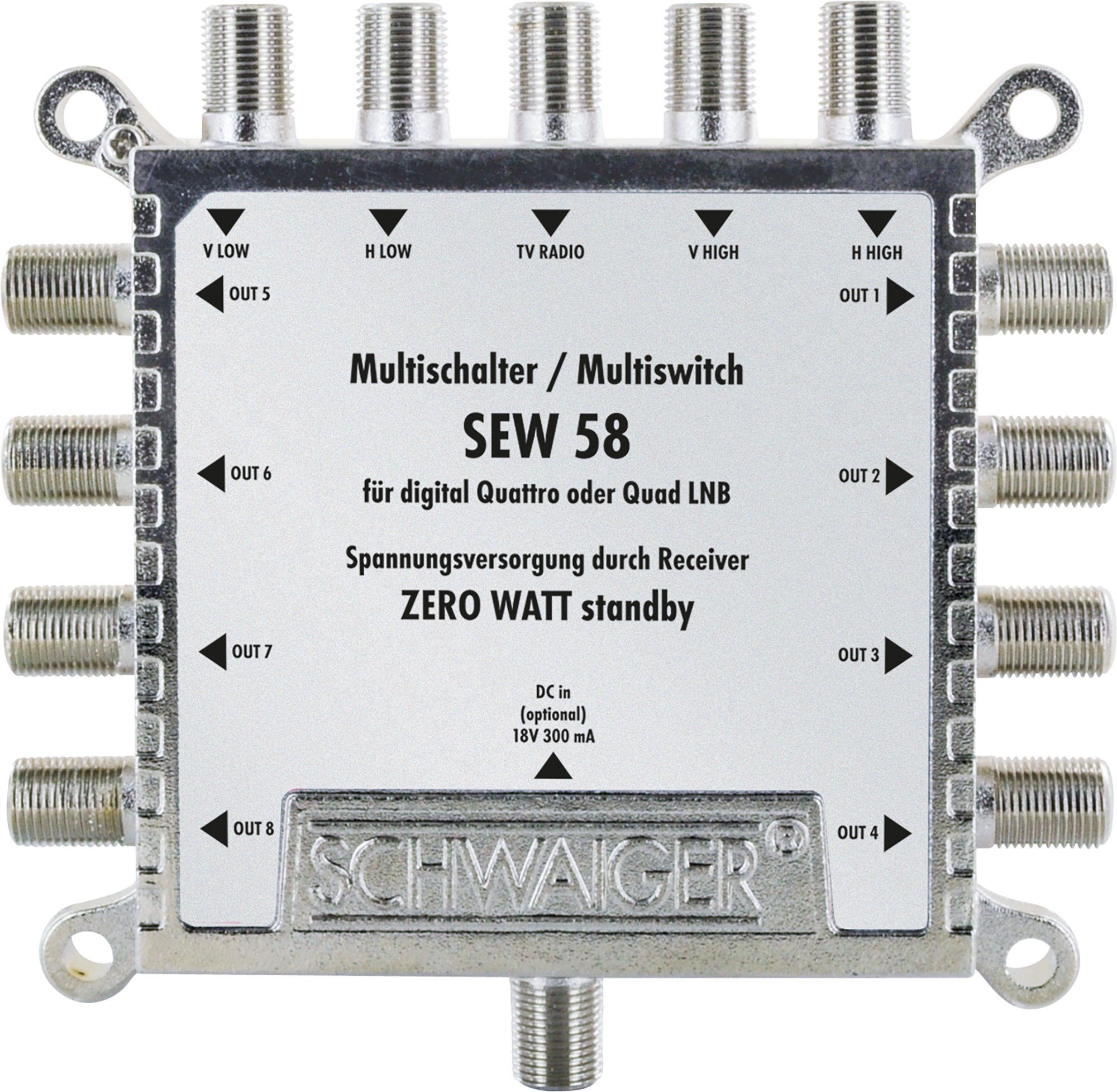 Schwaiger SAT-Multischalter SEW58 531 (verteilt 1 Satellitenpositionen auf 8 Ausgänge), unabhängige Programmvielfalt für alle Teilnehmer