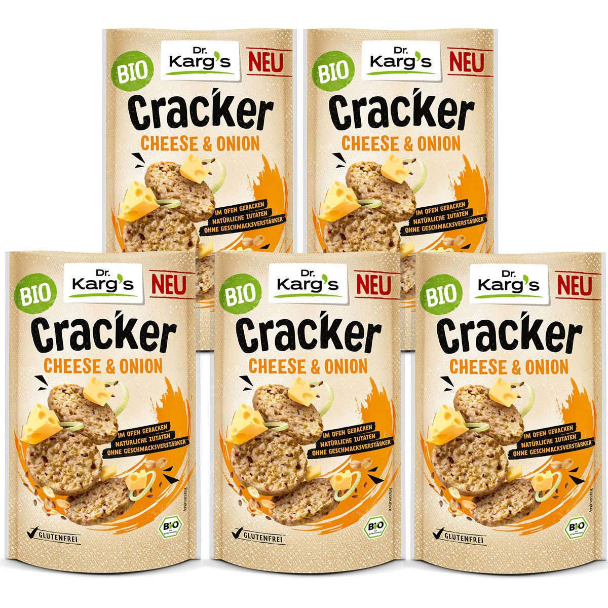 Dr. Kargs Brot, Dr. Kargs Bio Cheese und Onion Cracker herzhaft knusprig 85g 5er Pack