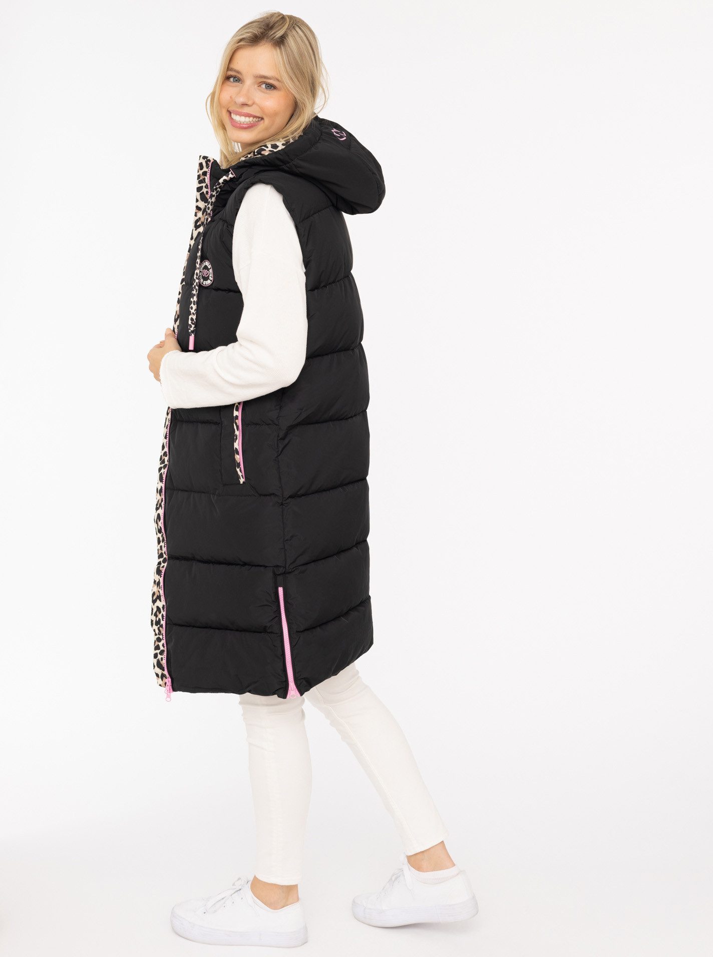 Zwillingsherz Steppweste "Wild Hearts" Leo-Muster, Taschen seitlich, modisch, Doppel-Zipper, extra lang