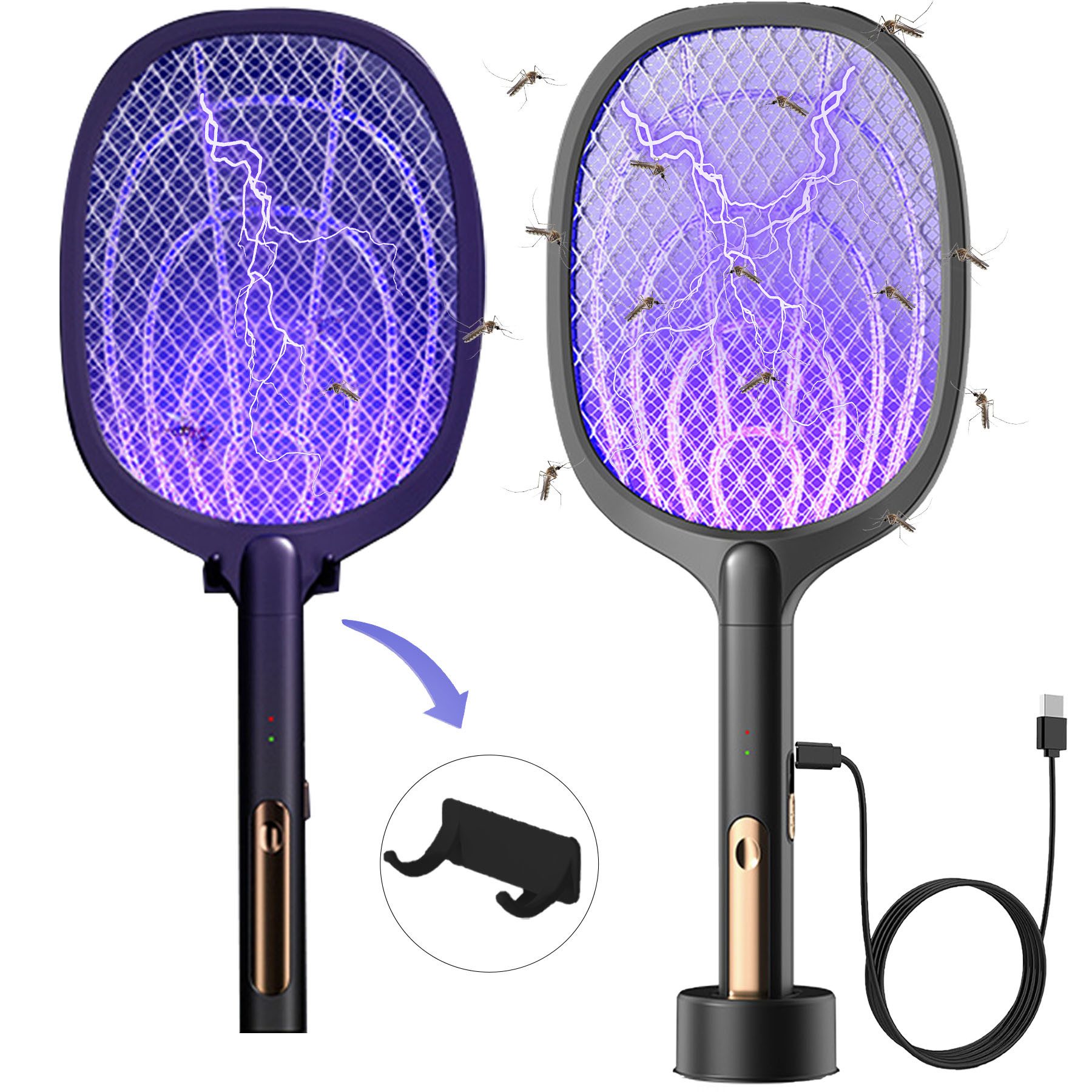 Senmudi Fliegenklatsche Fliegenklatsche USB wiederaufladbare 2in1 elektrische Mückenklatsche, Mit Basis & Haken, freistehend/wandmontierbar, gegen Stromleckage