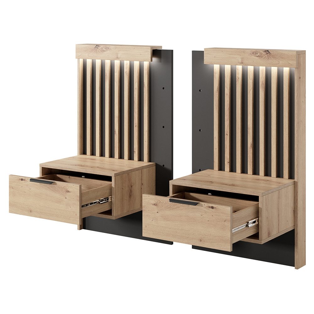 Lomadox Schlafzimmer-Set TALCA-167, (Spar-Set, 4-tlg., Bettgestell Lattenrost aufklappbar Nachtkommoden Beleuchtung Kommode), Eiche Dekor 160x200 cm Kopfteil gepolstert Lattenrost LED Beleuchtung