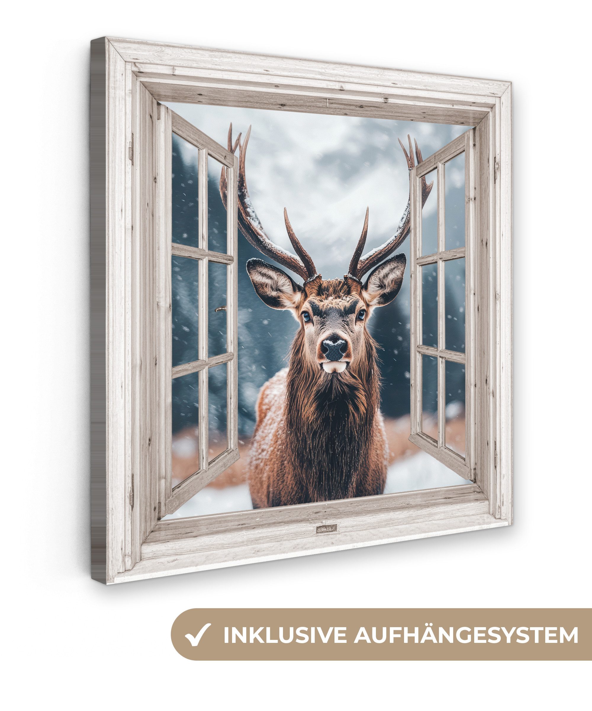 OneMillionCanvasses® Leinwandbild Hirsche - Tiere - Landschaft - Winter - S günstig online kaufen