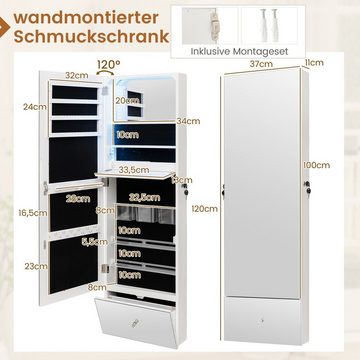 COSTWAY Schmuckschrank mit Spiegel, LED & abschließbarer Tür, hängend, weiß