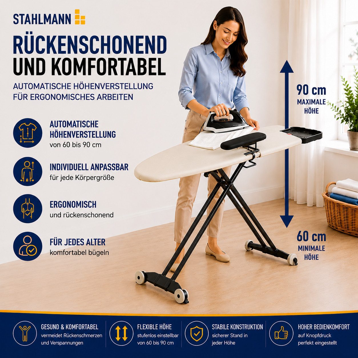 STAHLMANN COMMERCE GmbH Bügelbrett Excellence Lux [132 × 46 cm], Made in EU, Ärmelbrett, Dampfstation, Bügelfläche 132x46 cm, Made in EU · Ärmelbrett · Ablage für Dampfstation