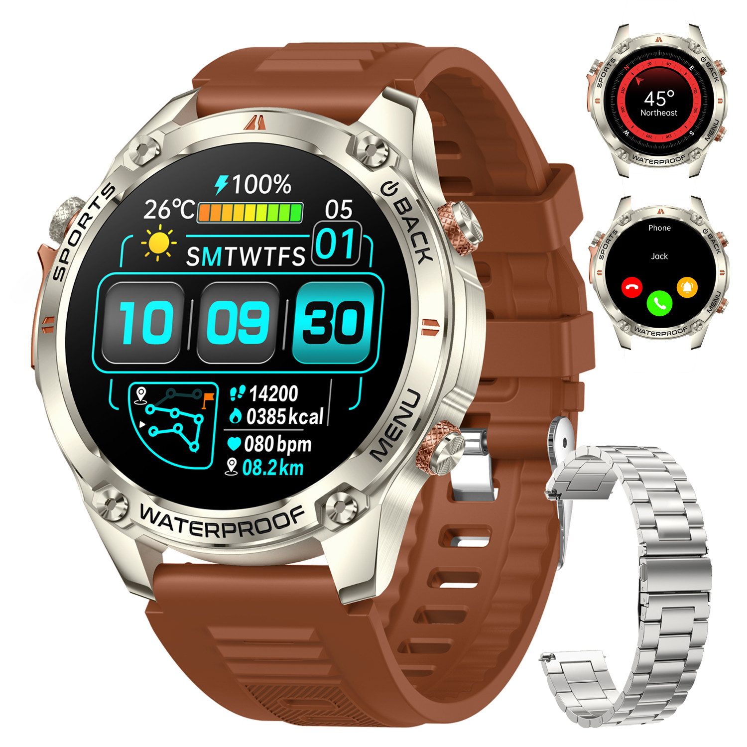 ANYSUN Smartwatch Herren Damen mit GPS, 1,43" AMOLED für den Outdoor-Einsatz Smartwatch (1,43 Zoll) Sportuhr mit 100+ Sportmodi-Puls-Schlaf-Schritte-Kalorien-Kilometer-Monitor, 5 ATM wasserdicht Fitnessuhr für Android iOS