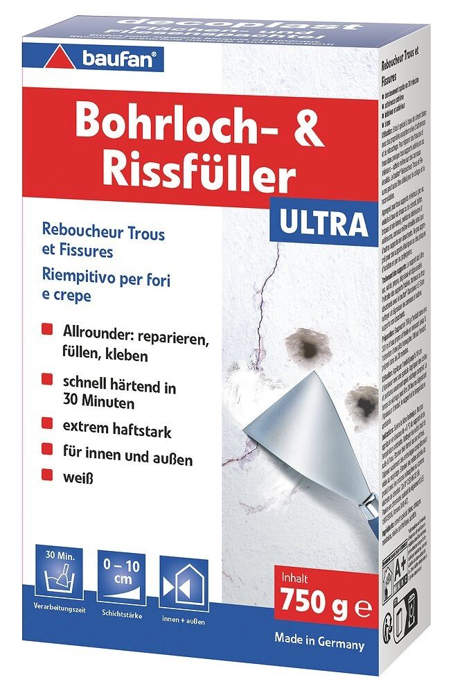 baufan® Spachtelmasse Bohrloch- und Rissfüller ULTRA 750 g Spachtelmasse Bohrlochfüllung, zum Ausbessern von Rissen und Löchern