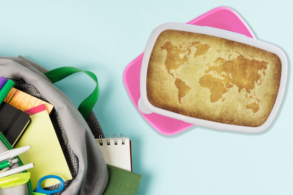 - (2-tlg), - - Snackbox, Braun Lunchbox rosa Erwachsene, Kinder Papyrus MuchoWow Mädchen, für Jungen - Kunststoff, Mädchen, Kunststoff Kinder, Brotdose Brotbox - Weltkarte