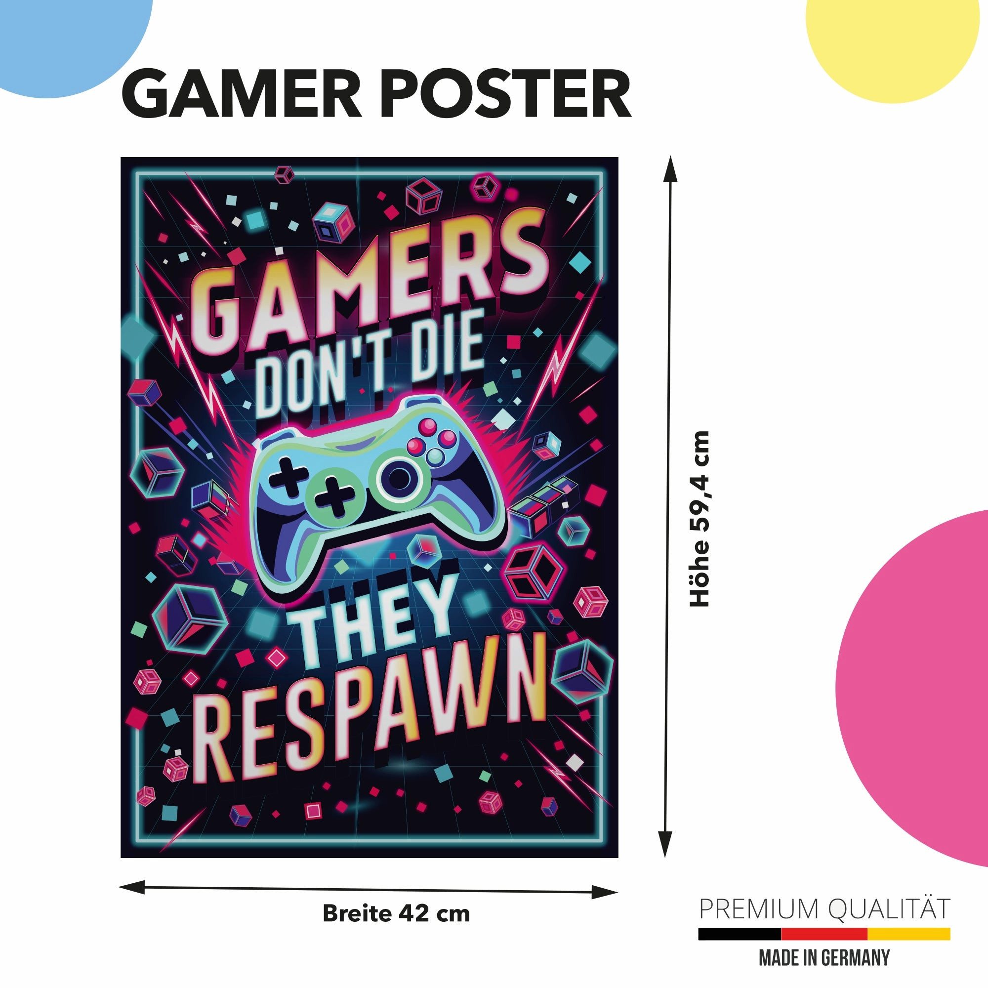 Lineo Poster Gamers Dont Die They Respawn Gaming Wandbild, Poster für Gaming-Fans Wandbild für Jugendliche & Erwachsene – Bild 2 von 5