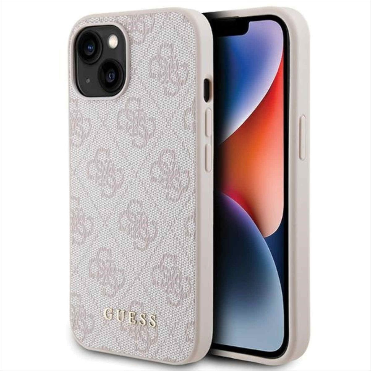 Guess Smartphone-Hülle Guess Apple iPhone 15 Schutzhülle Case Hülle 4G Metal Gold Logo Pink