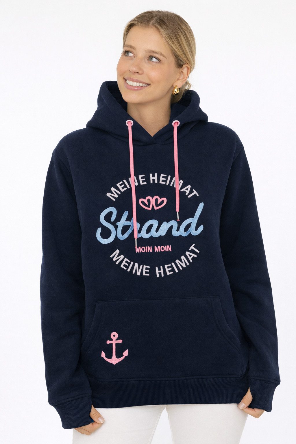 Zwillingsherz Hoodie "Meine Heimat" mit aufgesticktem "Strand"-Schriftzug vorne und hinten