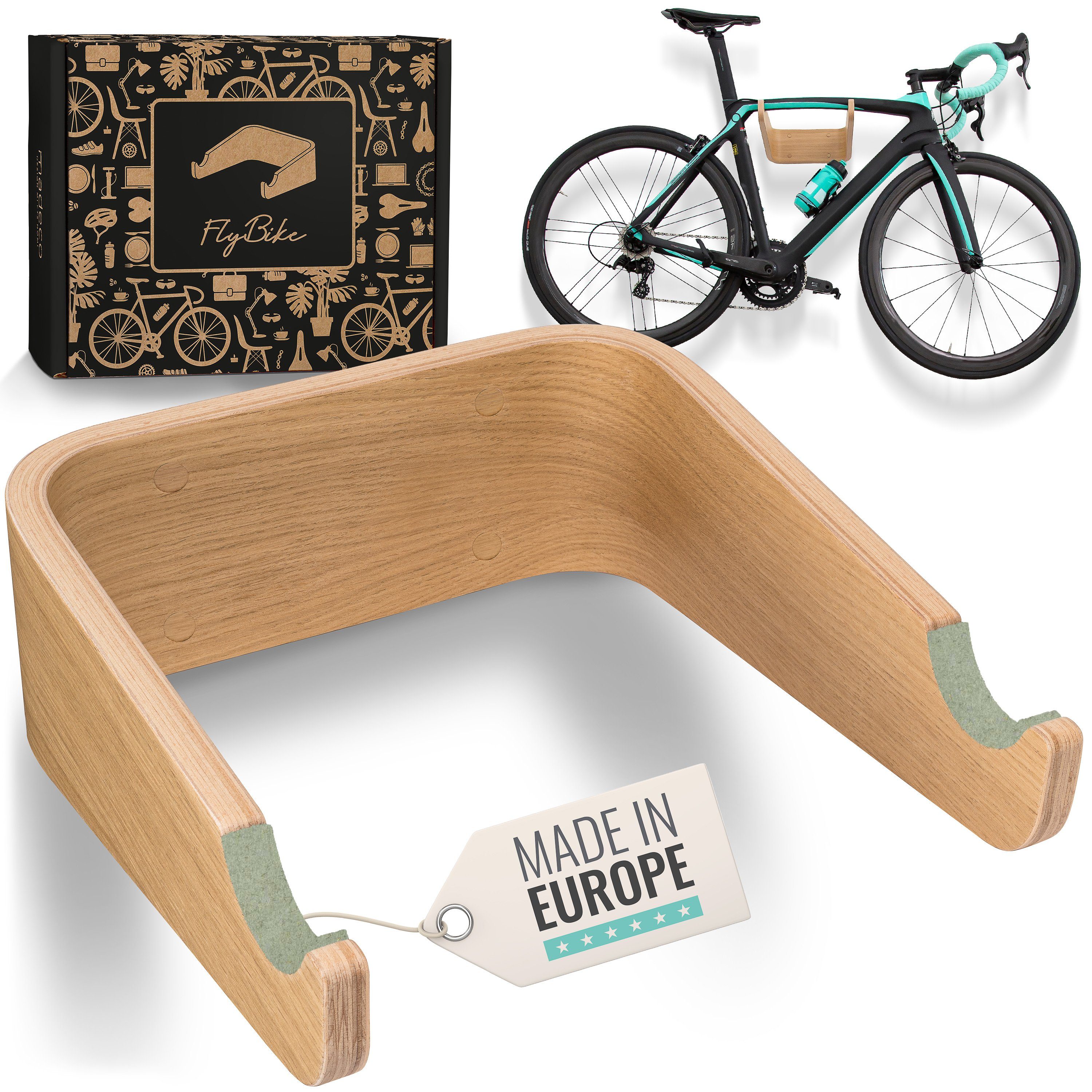 madeco Fahrradwandhalterung FlyBike Fahrrad Wandhalterung Holz - Design Fahrradhalter für Wohnung (mit Fischer Dübeln und Wollfilz Rahmenschutz), für Rennrad, Fixie, Singlespeed, Gravel Bike, Mountainbike