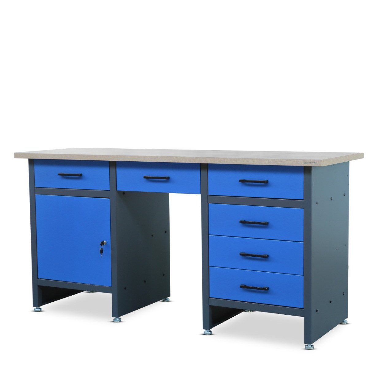 Jan Nowak Werkbank Werkstatttisch 170 cm FRANK 6 Schubladen Schrank laminierte Platte, (Stahl 0,8-1,0 mm 85 x 170 x 60 cm verstellbare Füße Sitzlücke), Werktisch Stahl abschließbar 570 kg robust 3 Farben verstellbar