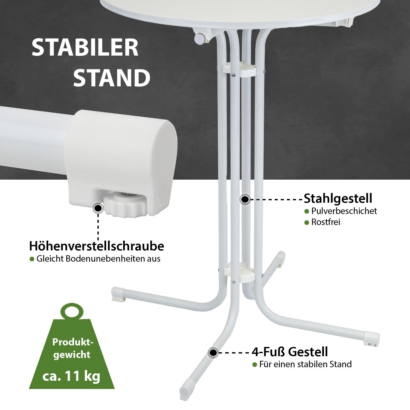 TRUTZHOLM Stehtisch klappbar Ø 80 cm Höhe 110 cm Stahl MDF-Holz Bistrotisch in Weiß (1er)