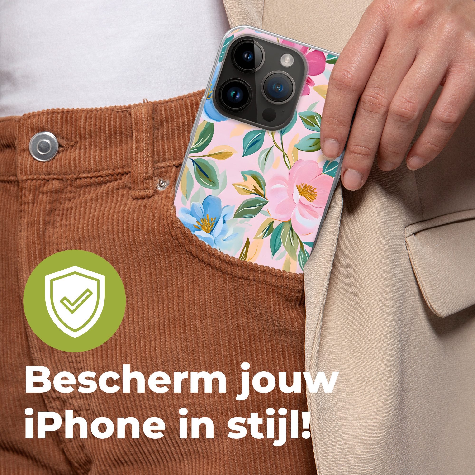 MuchoWow Handyhülle für Apple iPhone 14 Pro Blau - Rosa - Blumen, Smartphone-Bumper, Print, Handy Schutzhülle Dünn