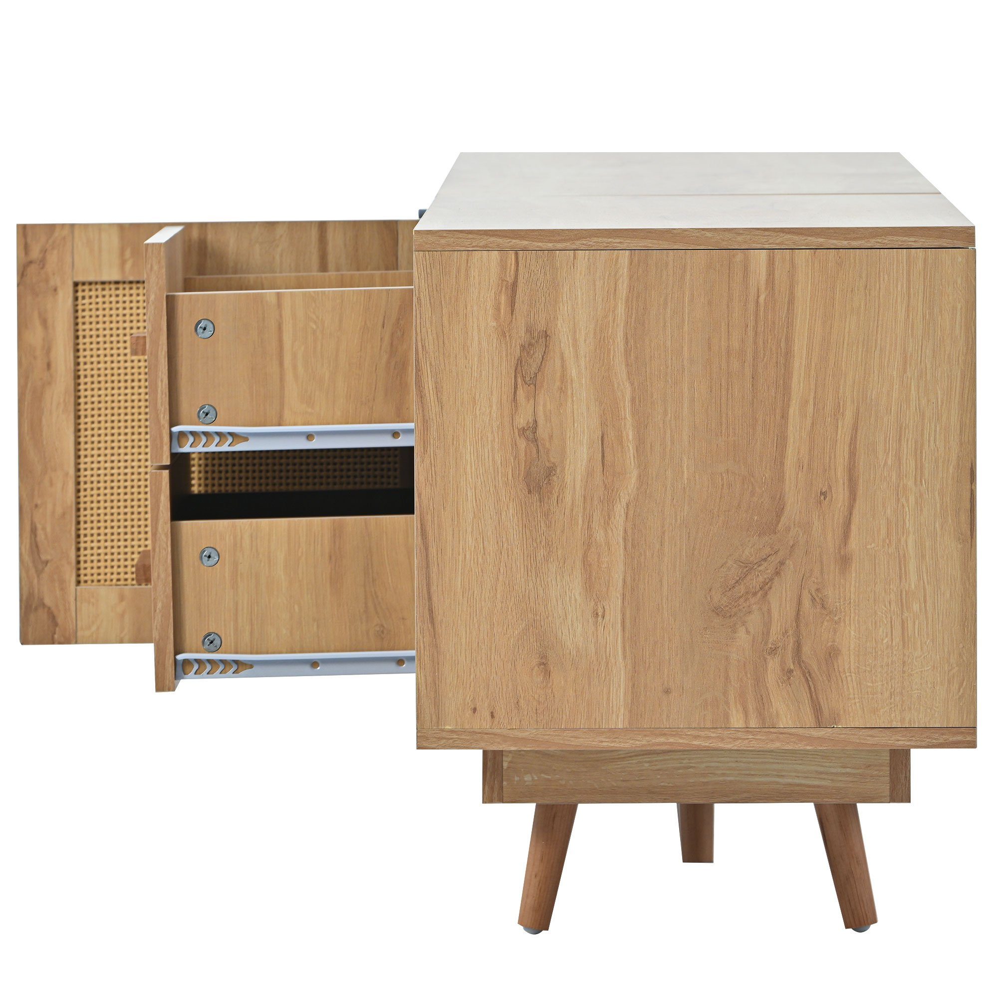 Lowboard (mit 2 Schiebetüren, 1 Türen und 2 Schublade), TV-Schrank Türen aus Rattangeflecht, Massivholzbeine, Breite 190 cm