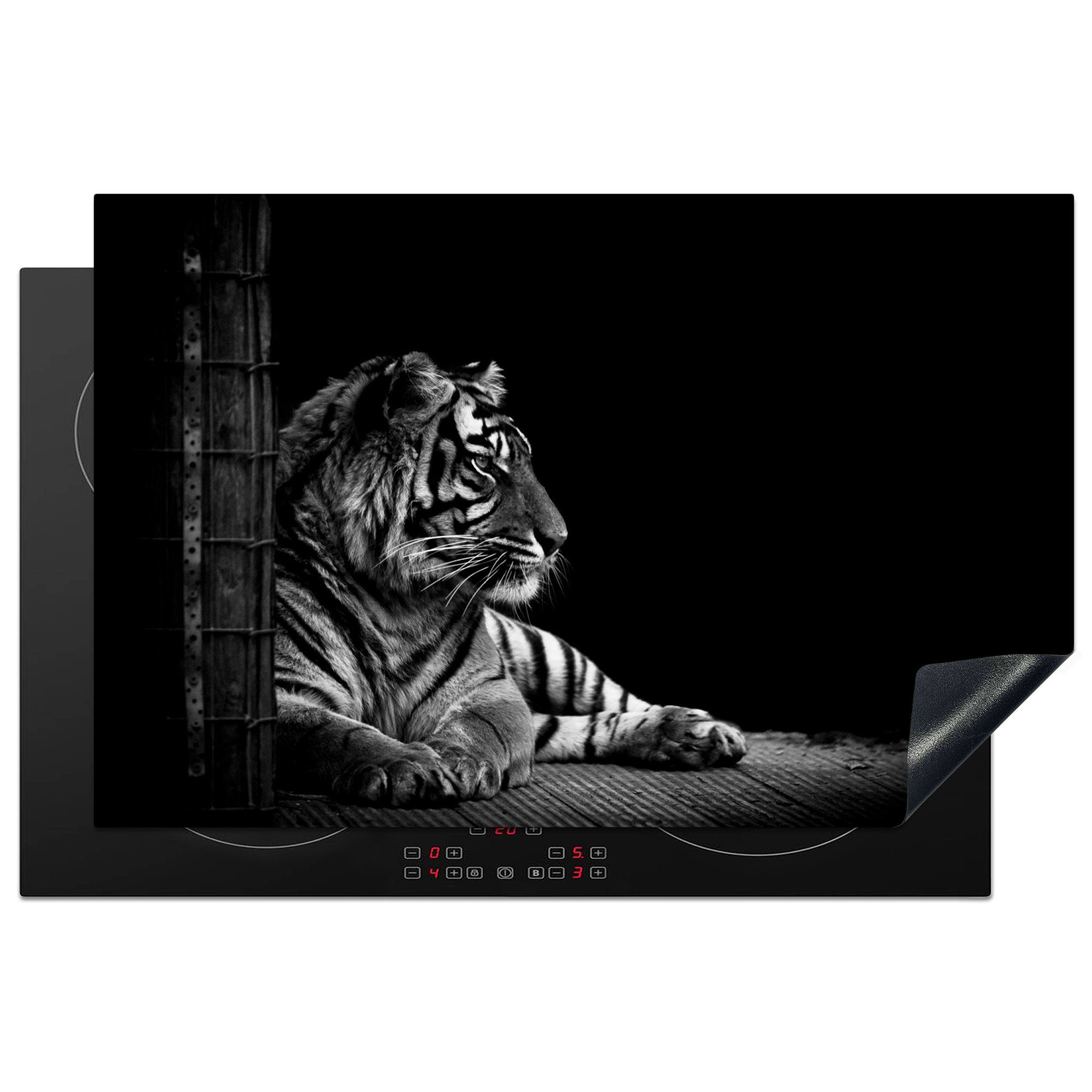 MuchoWow Herdblende-/Abdeckplatte Tiger - Tiere - Schwarz - Weiß, Vinyl, (1 tlg), 81x52 cm, Induktionskochfeld Schutz für die küche, Ceranfeldabdeckung