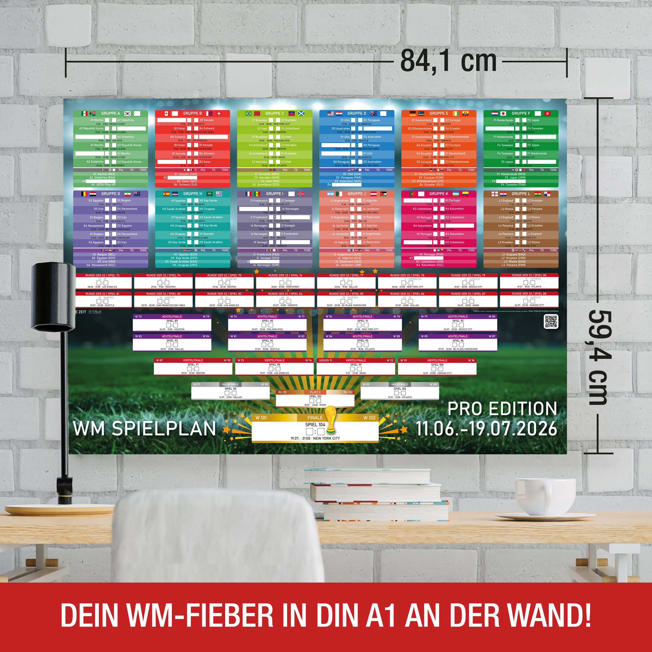 TOBJA Posterkalender WM 2026 Spielplan DIN A1 Poster zum Eintragen, Fußball WM, XXL Planer Fussball Weltmeisterschaft 2026