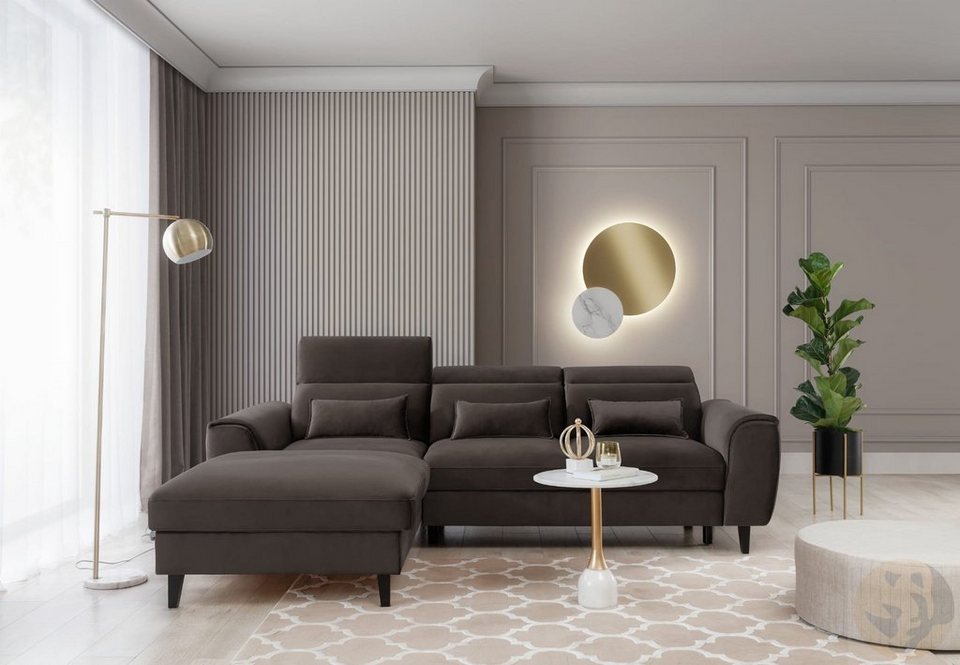 Friderik-EU Ecksofa FOBLE Elegante Couch aus Samtstoff, Schlaffunktion,  Zierkissen, Bettkasten
