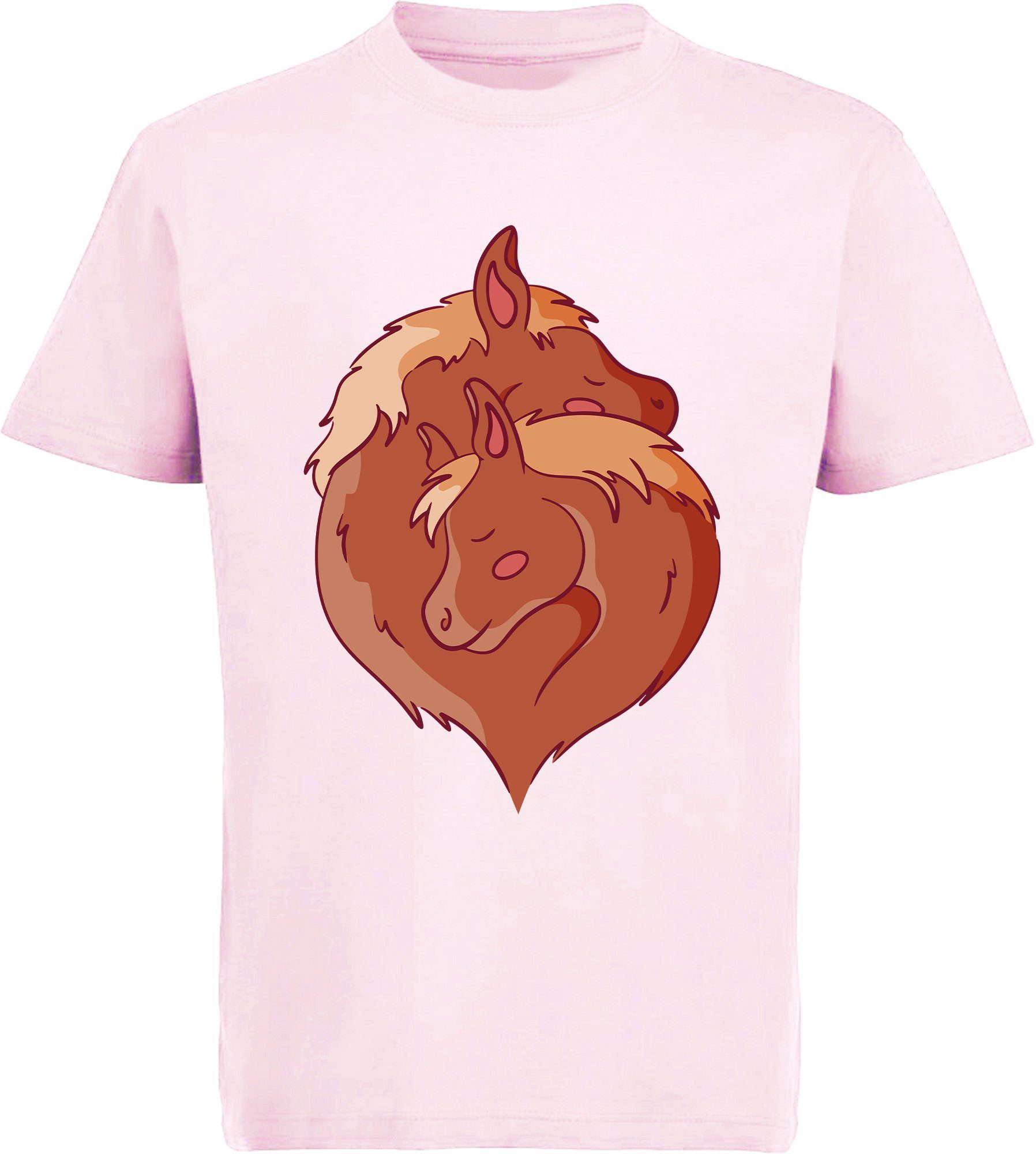 MyDesign24 Print-Shirt bedrucktes Mädchen T-Shirt im Yin zwei Yang rosa kuschelnde Aufdruck, mit Baumwollshirt Pferde Stil i152