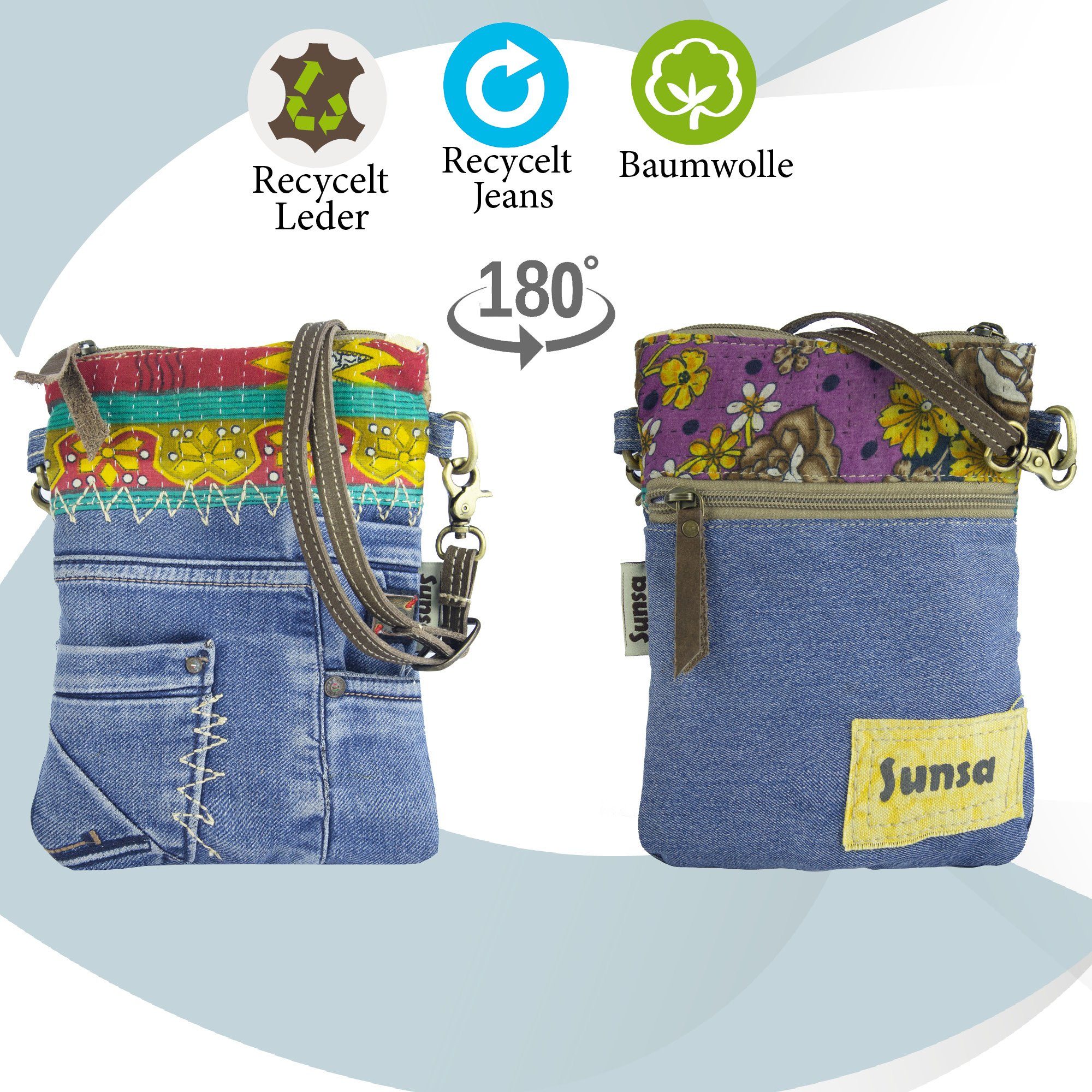Sunsa Umhängetasche Damen Sari, Jeans recycelten kleine Aus Schultertasche. und Tasche Materialien aus used Recycelte