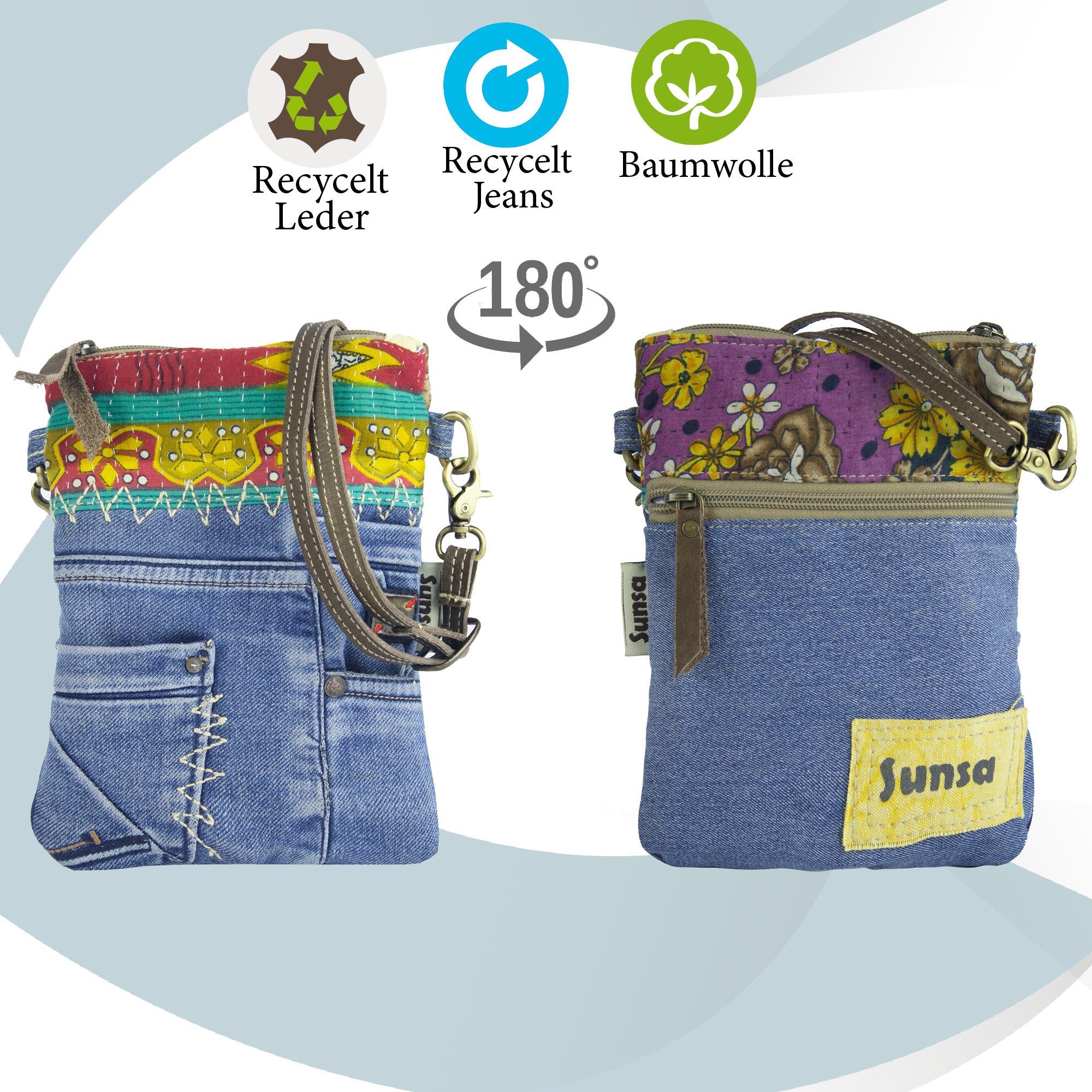 Sunsa Umhängetasche Damen kleine Schultertasche Tasche aus Recycling Jeans & used Sari, Aus recycelten Materialien