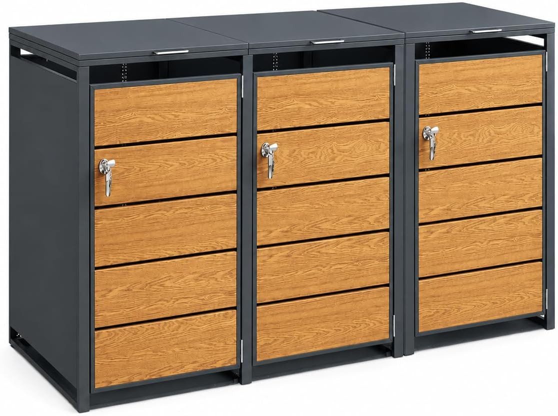 SoBuy Mülltonnenbox OGS63, Müllbox Mülltonnenverkleidung, 240L-Mülltonne, verzinktem Stahl (1er Set), mit Metallschloss, Soft-Close, für Mülltonnen & Gartengeräte