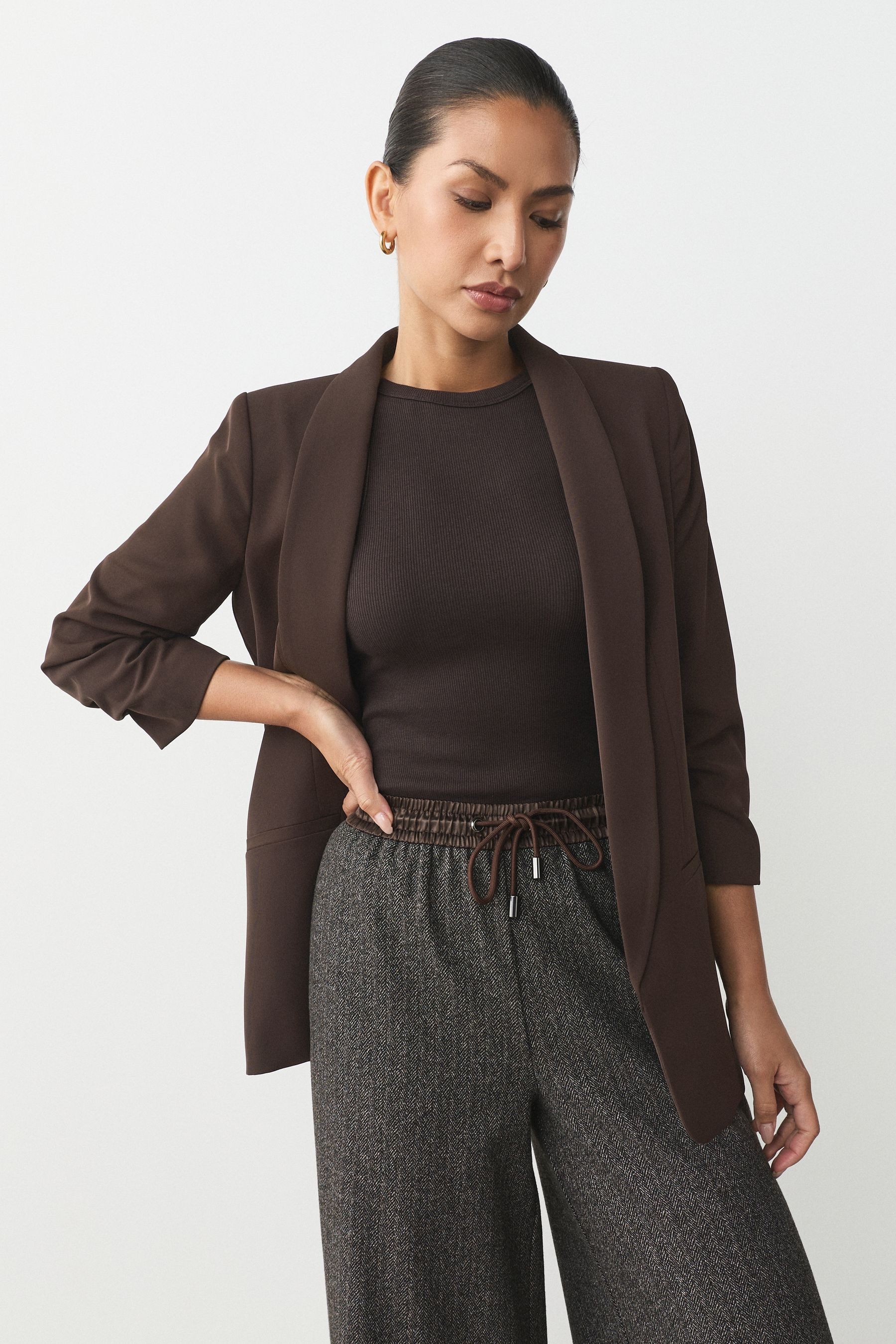 Next Jackenblazer Relaxed Fit Blazer mit Raffärmeln und Vichykaros (1-tlg)