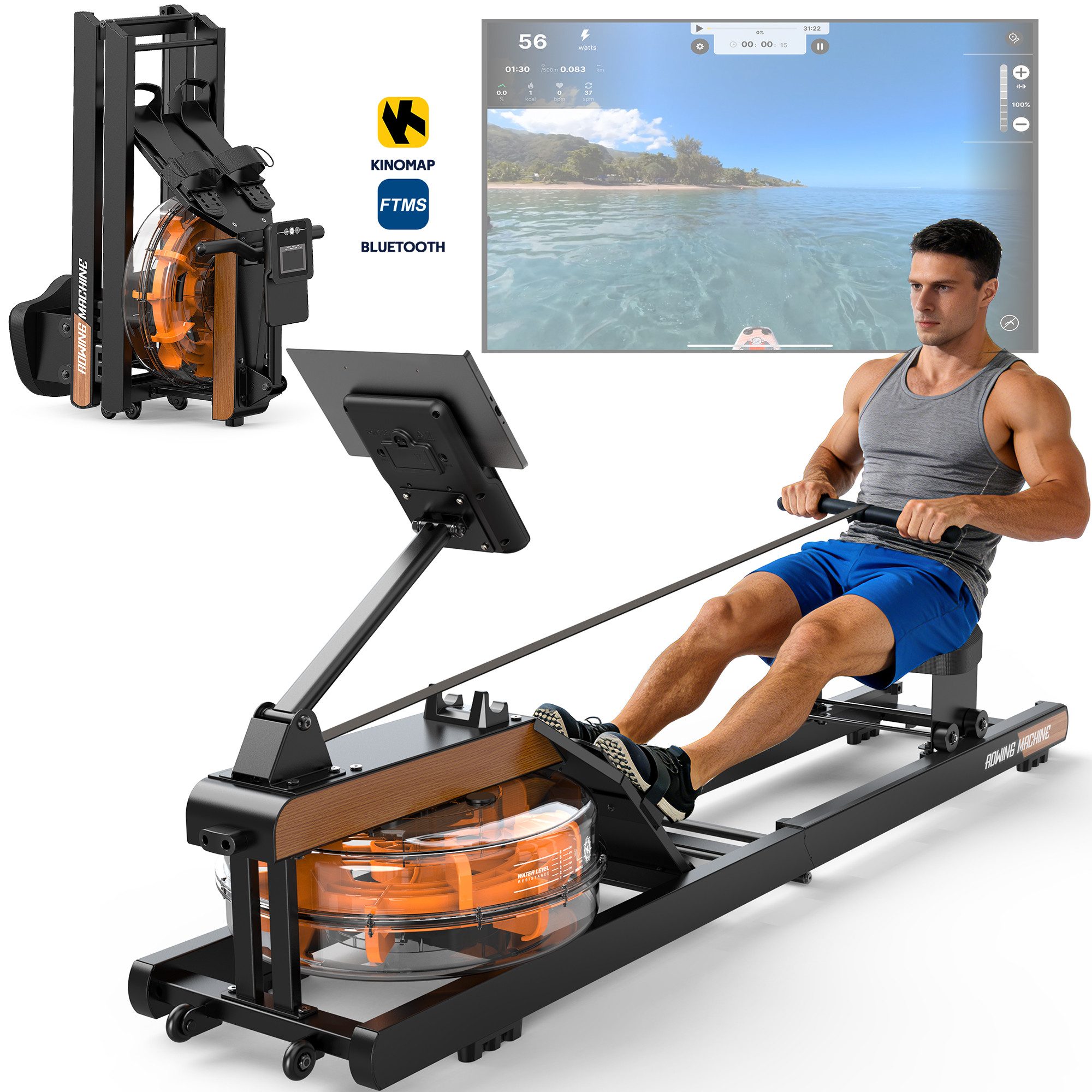 VOWVIT Rudergerät Klappbares Wasserrudergerät mit immersiver Trainingserfahrung (1-tlg), Bluetooth-Display, 98 % vormontiert, belastbar bis 160 kg